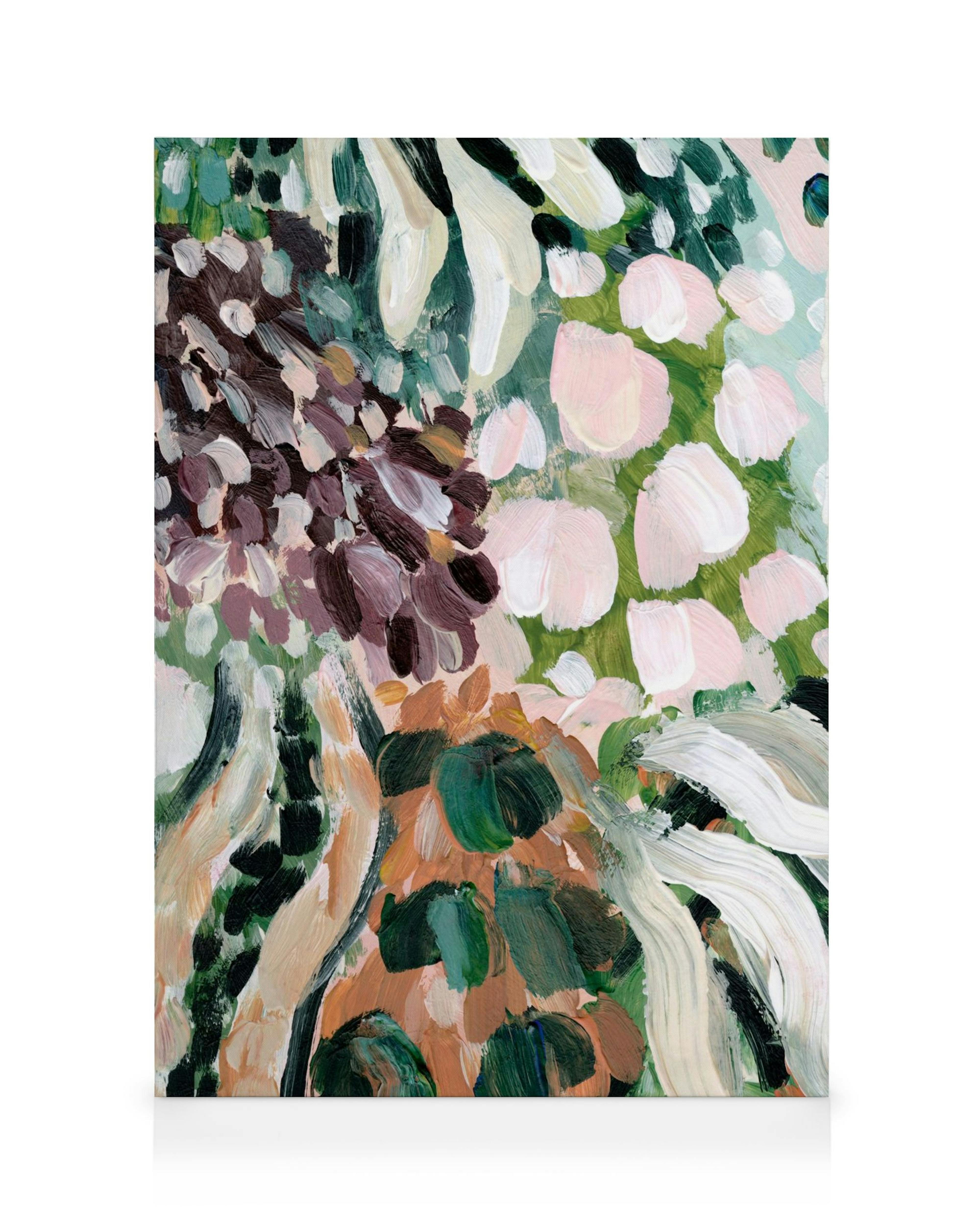 Teksturowany obraz na płótnie z abstrakcyjnymi pociągnięciami pędzla w kolorach zielonym, różowym, brązowym i białym.