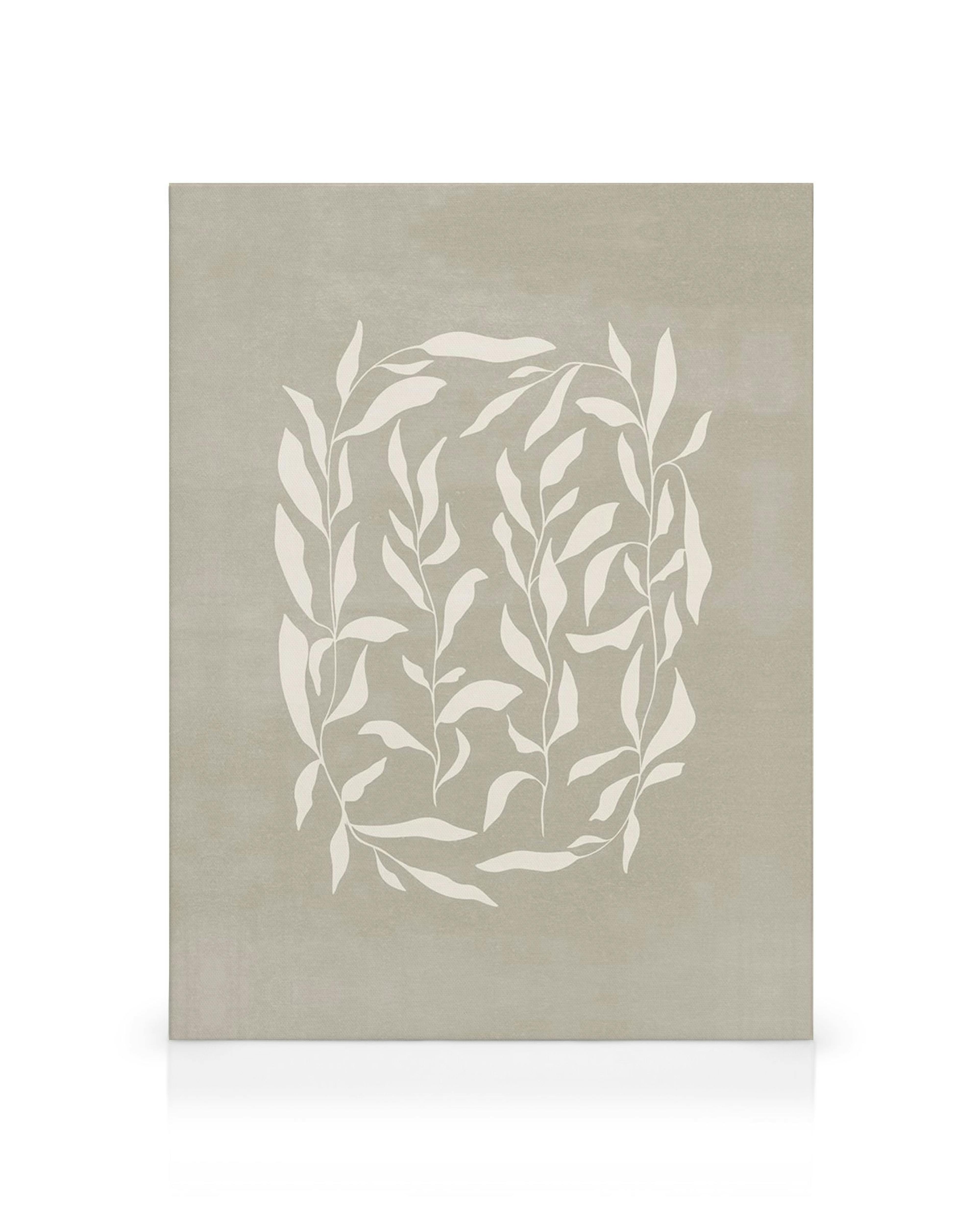 Plátno s ilustrací bílých listů v šedém obdélníku, minimalistický botanický motiv pro moderní interiér.