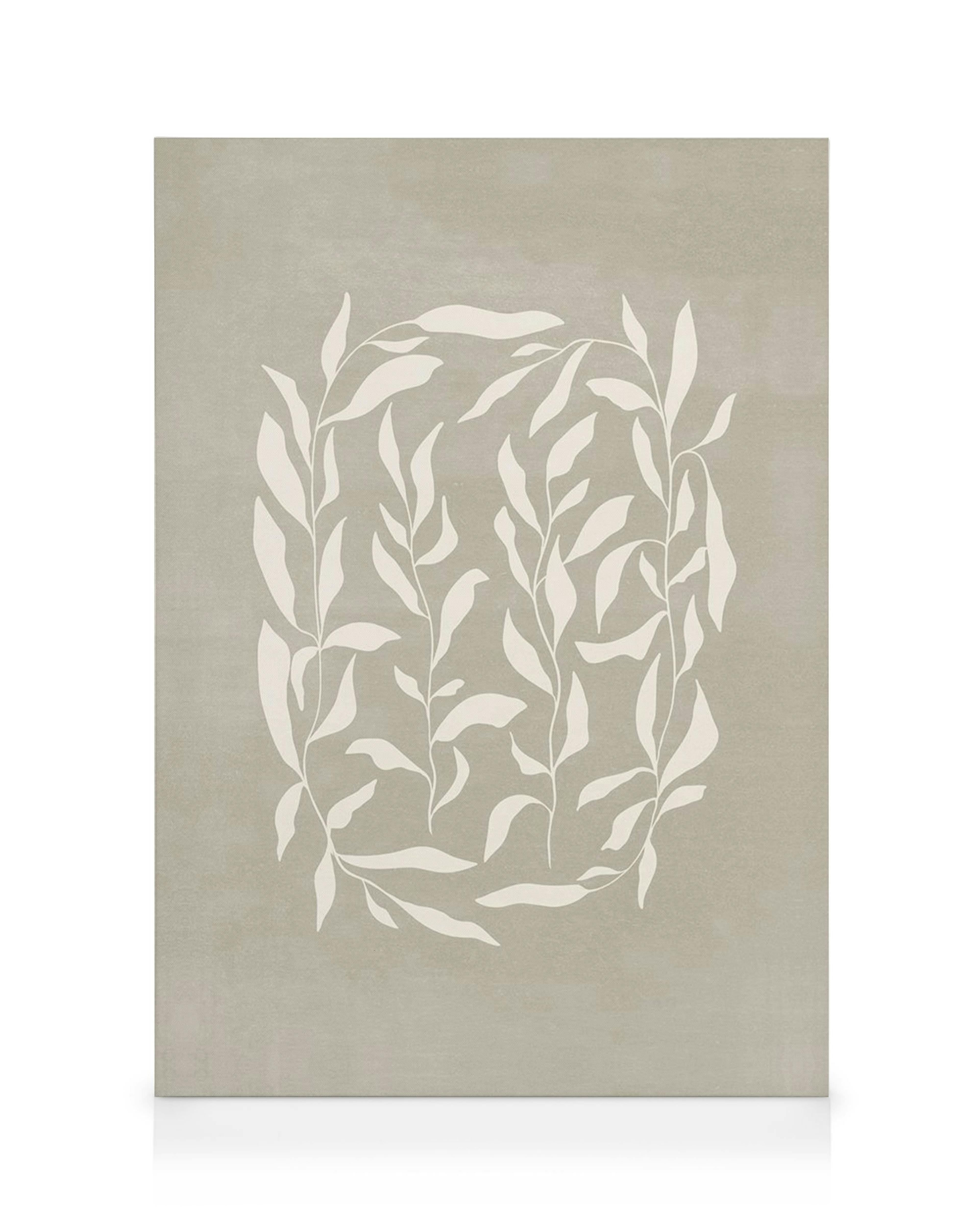 Canvas met beige achtergrond en witte langwerpige bladeren in ovale vorm, modern botanisch ontwerp