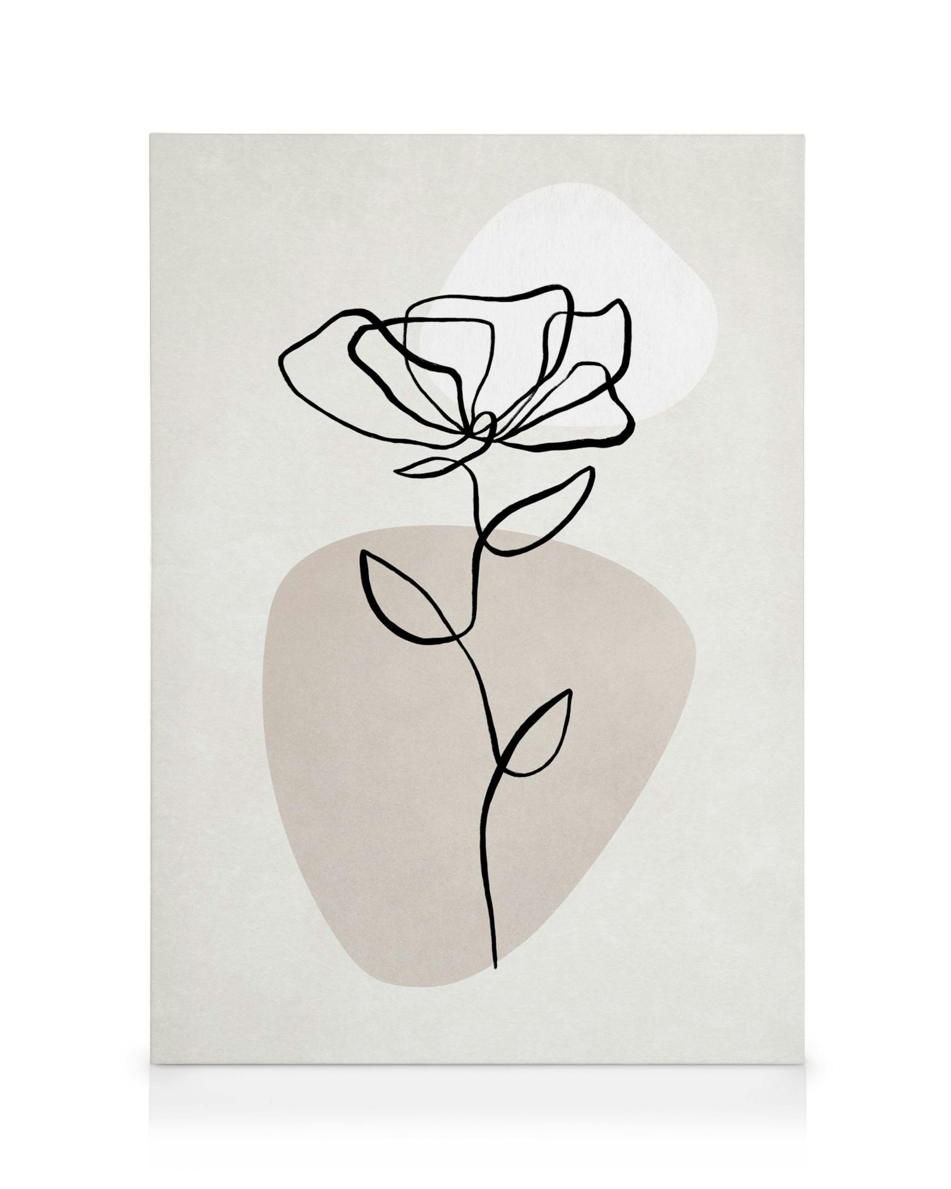 Lienzo Botánico Líneas No1: Dibujo de flor negra, contorno simple sobre fondo beige con formas orgánicas. Arte floral minimalist