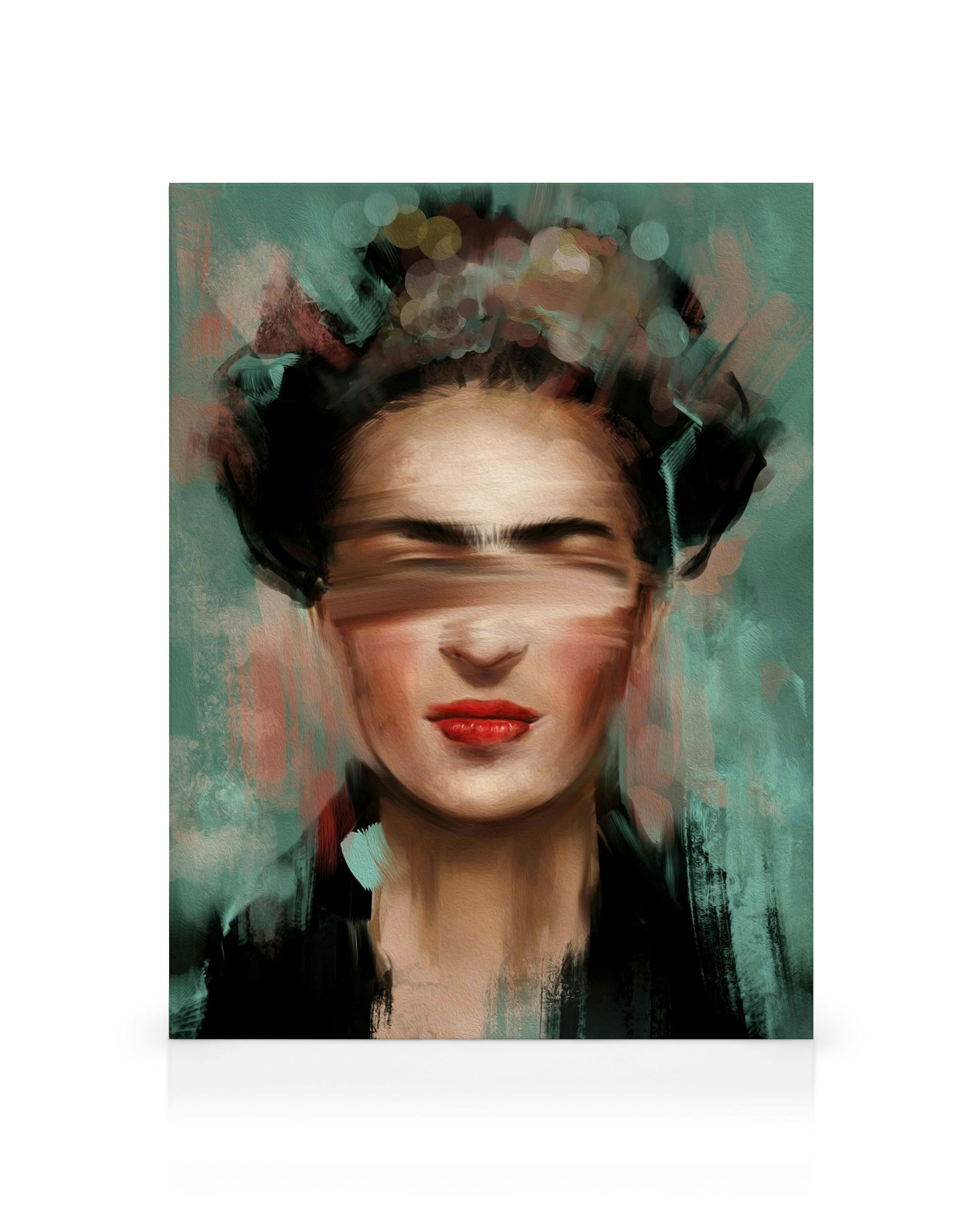 Lærred med Frida Kahlo-portræt i grønne og røde penselstrøg, øjne dækket af et slør.