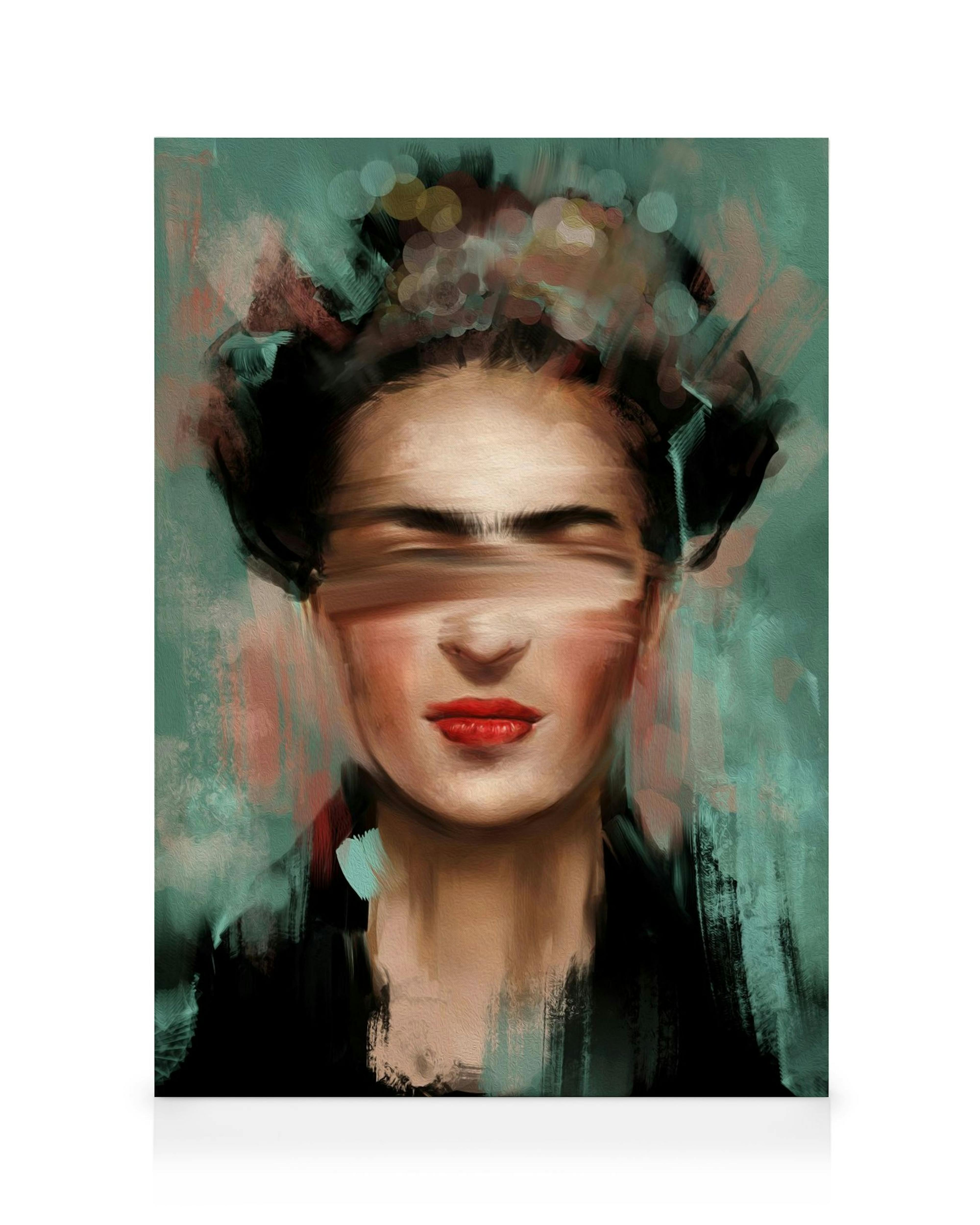 Leinwandbild Kahlo in Grün, abstrakte Darstellung einer Frau mit geschlossenen Augen, roten Lippen und Blumen im Haar, grüne und