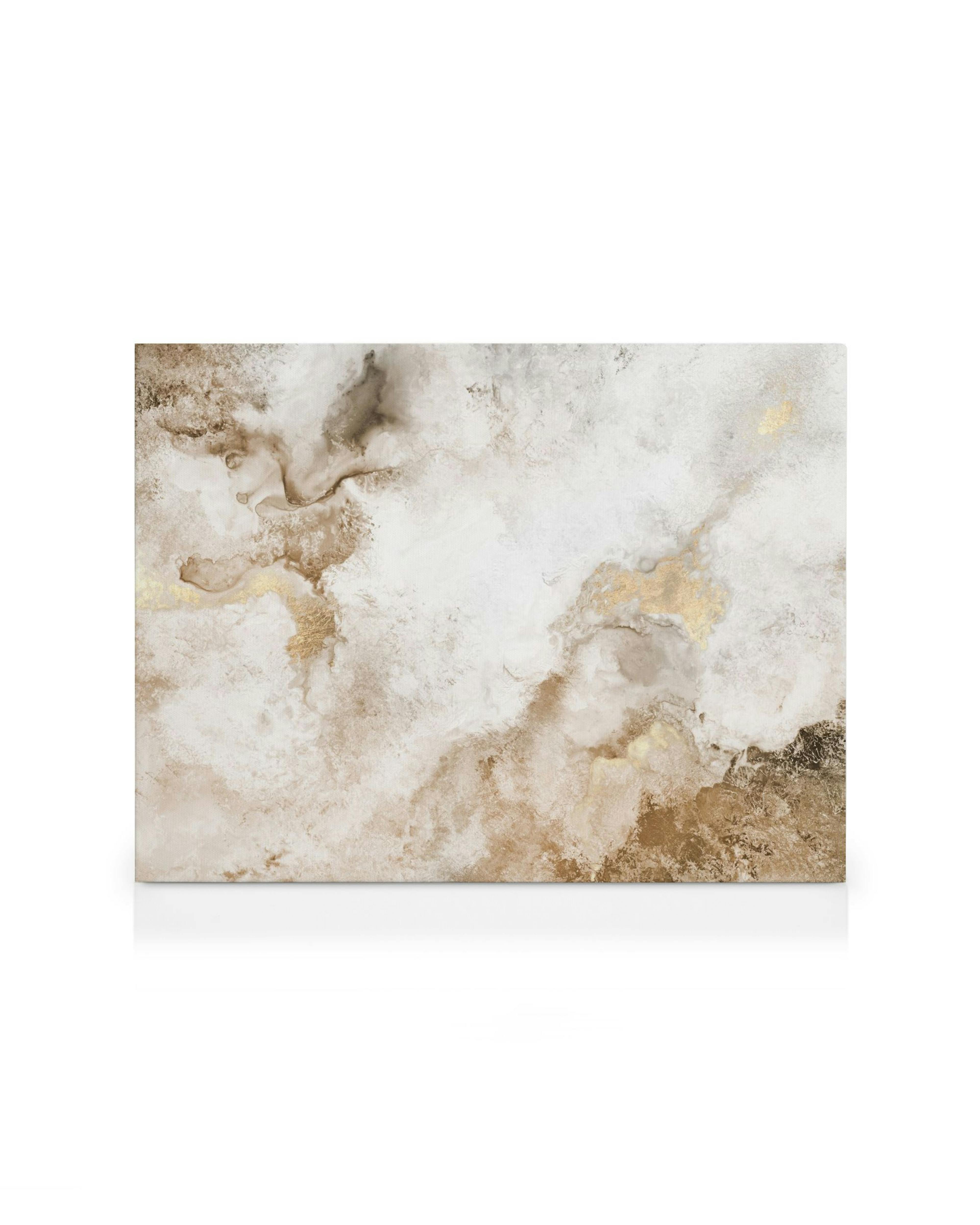 Beige och guldfärgad abstrakt canvas med virvlande mönster som liknar marmor eller akvarellmålning.
