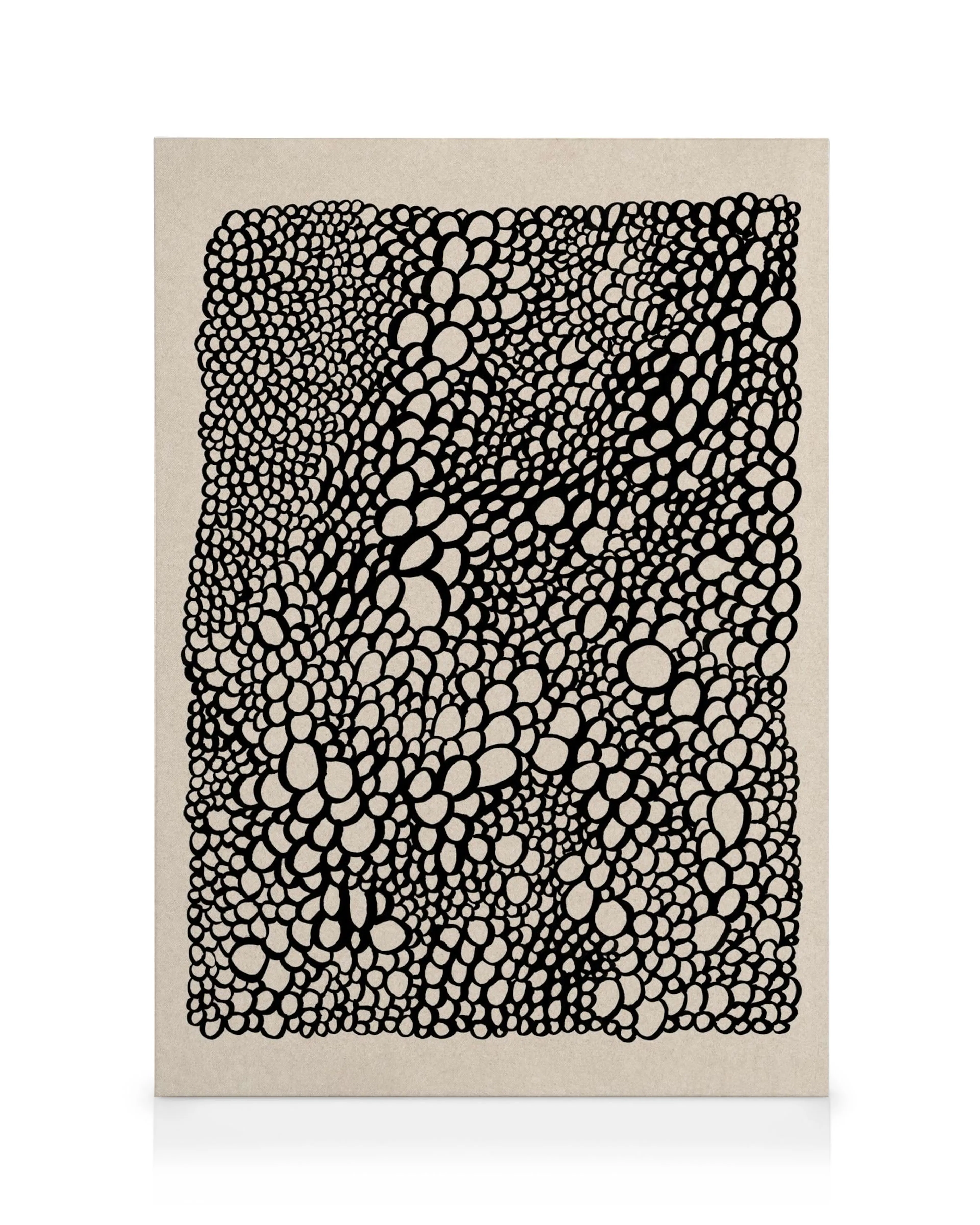 Quadro em tela com círculos e ovais pretos sobrepostos em fundo bege. Arte abstrata, decoração de parede.