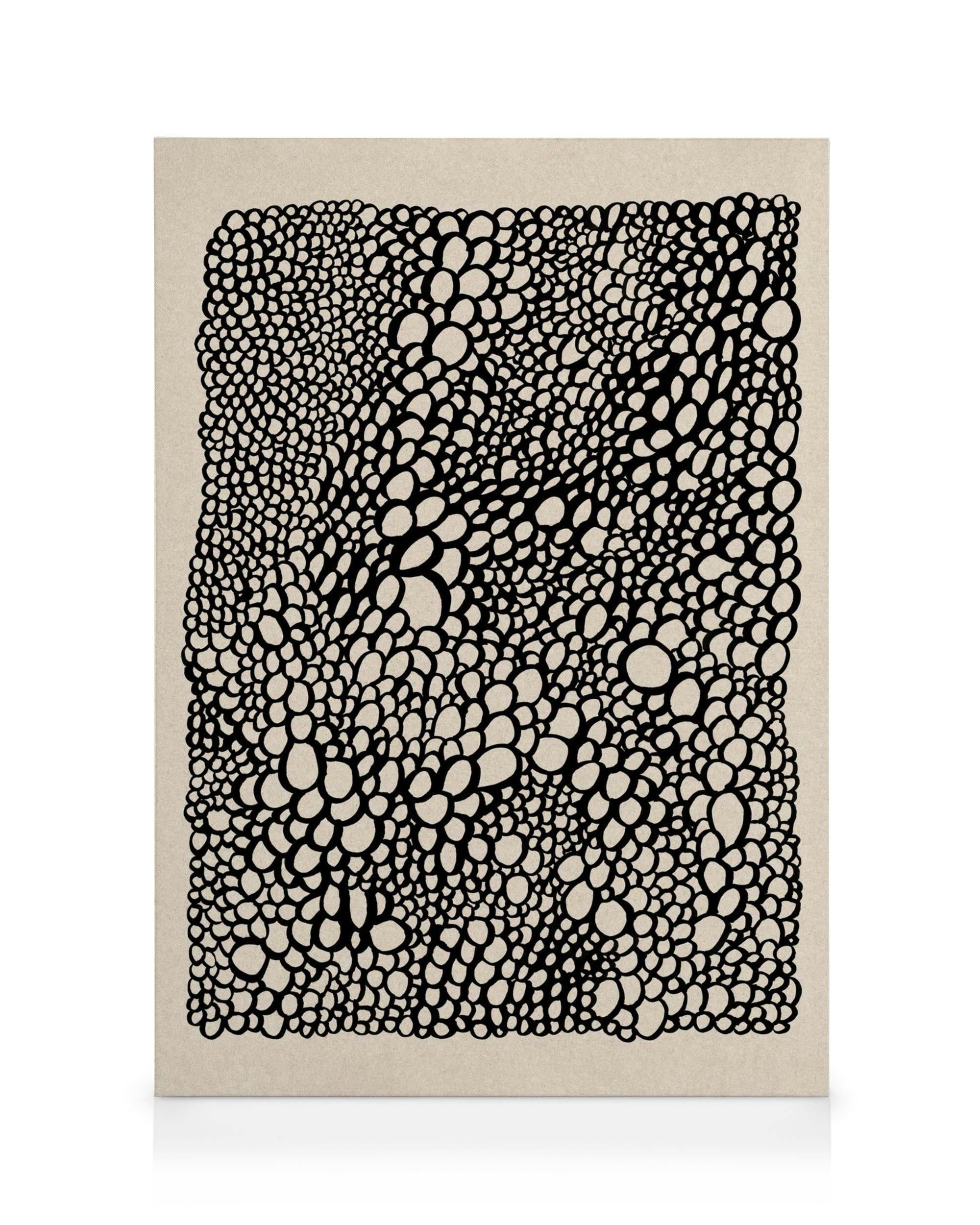 Leinwandbild mit sich überlappenden schwarzen Kreisen und Ovalen auf beige, minimalistische Kunst, grafisches Muster