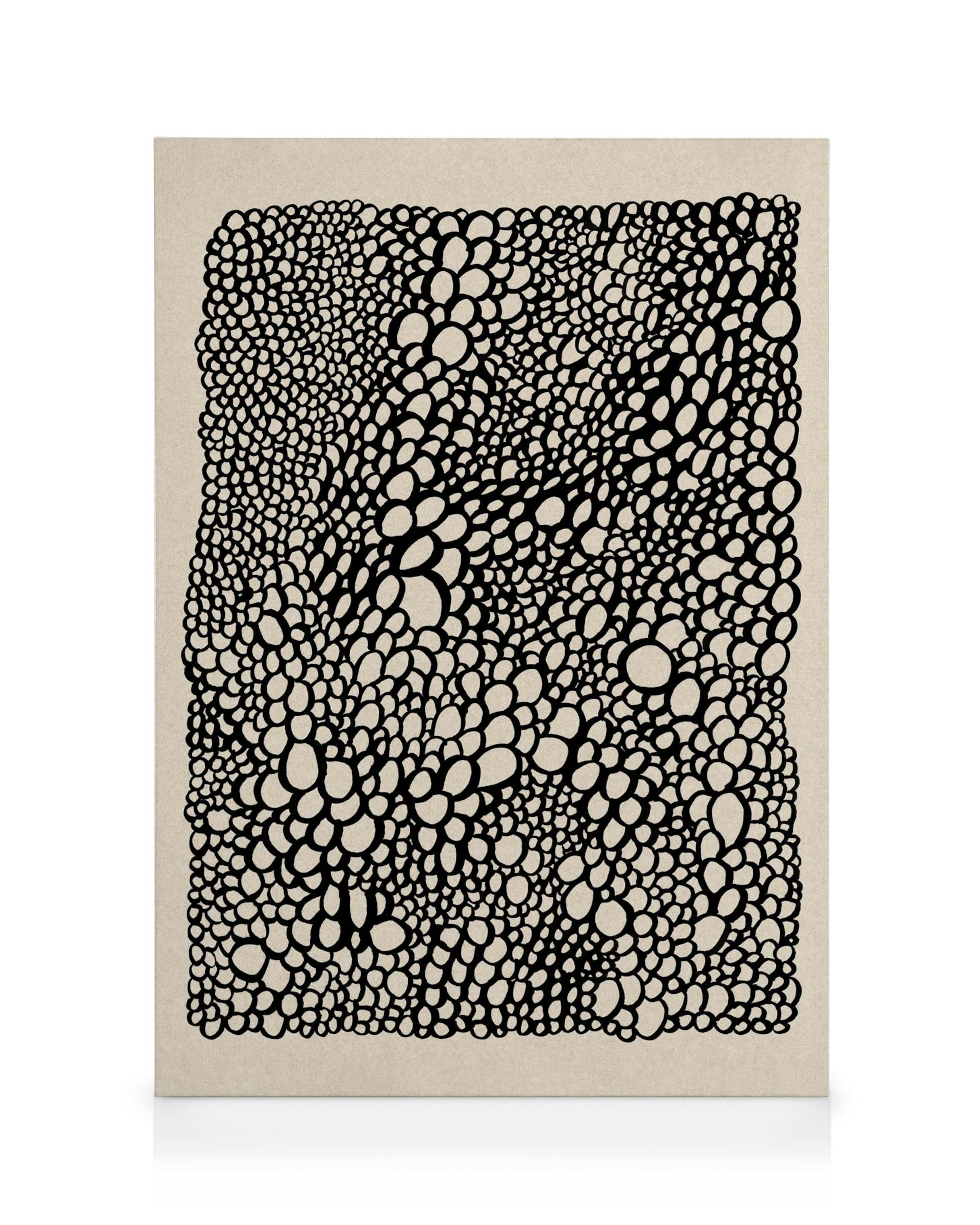 Leinwandbild mit sich überlappenden schwarzen Kreisen und Ovalen auf beige, minimalistische Kunst, grafisches Muster