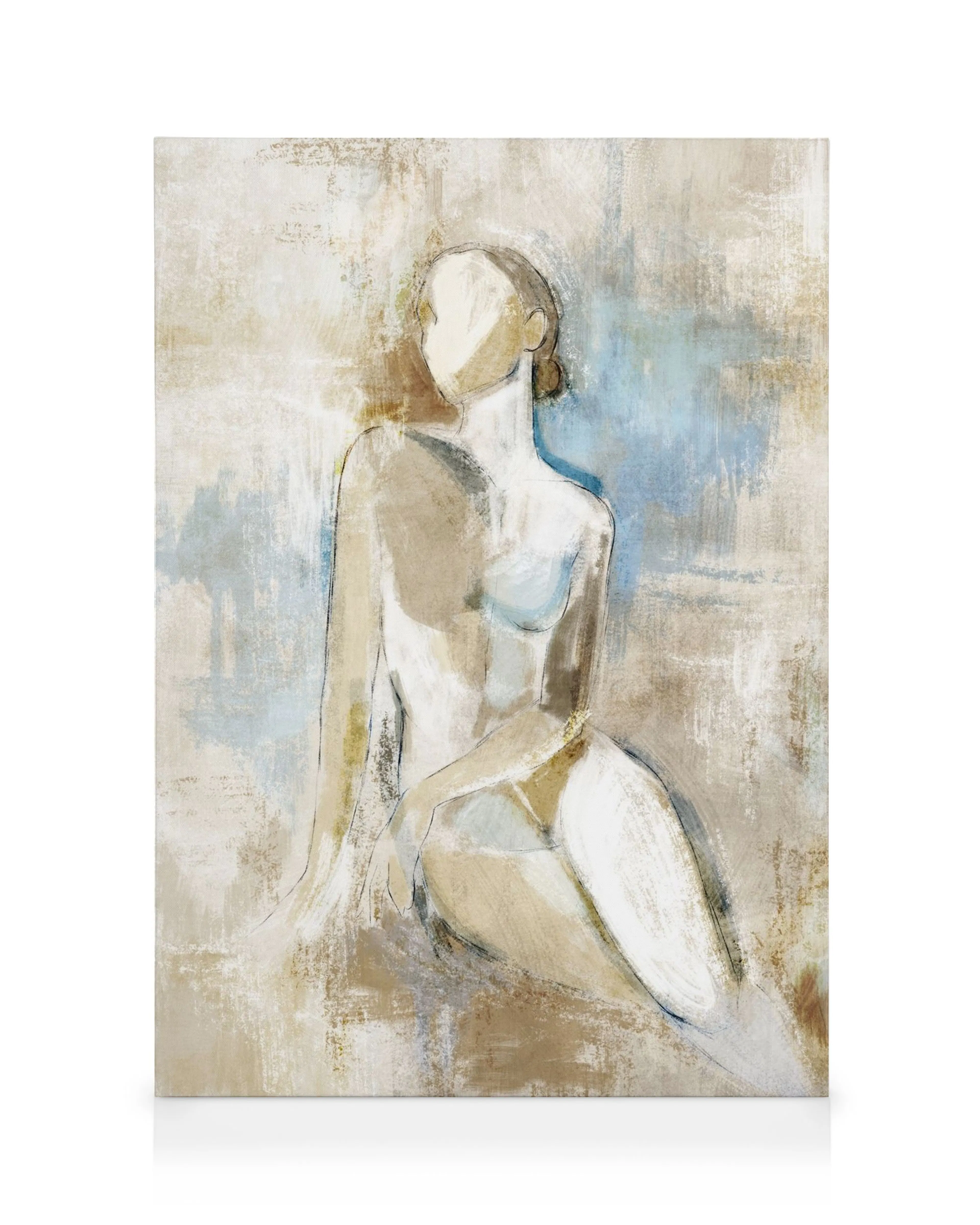 Stampa su tela con figura astratta seduta, pennellate testurizzate blu, marroni e bianche, arte minimalista.