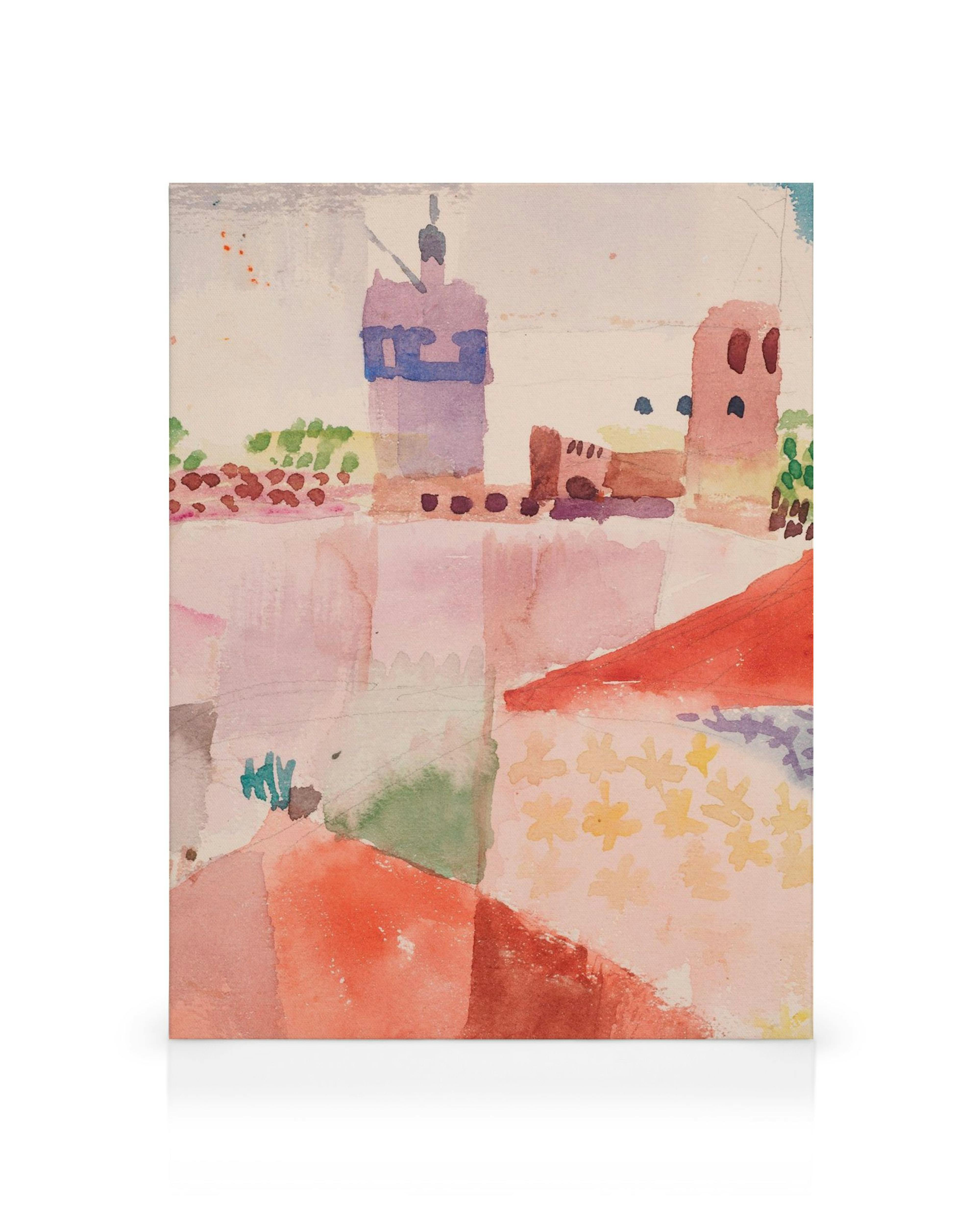 Toile Paul Klee, Hammamet With its Mosque, paysage abstrait aux aquarelles pastel, tour violette, toits colorés, motifs feuillag