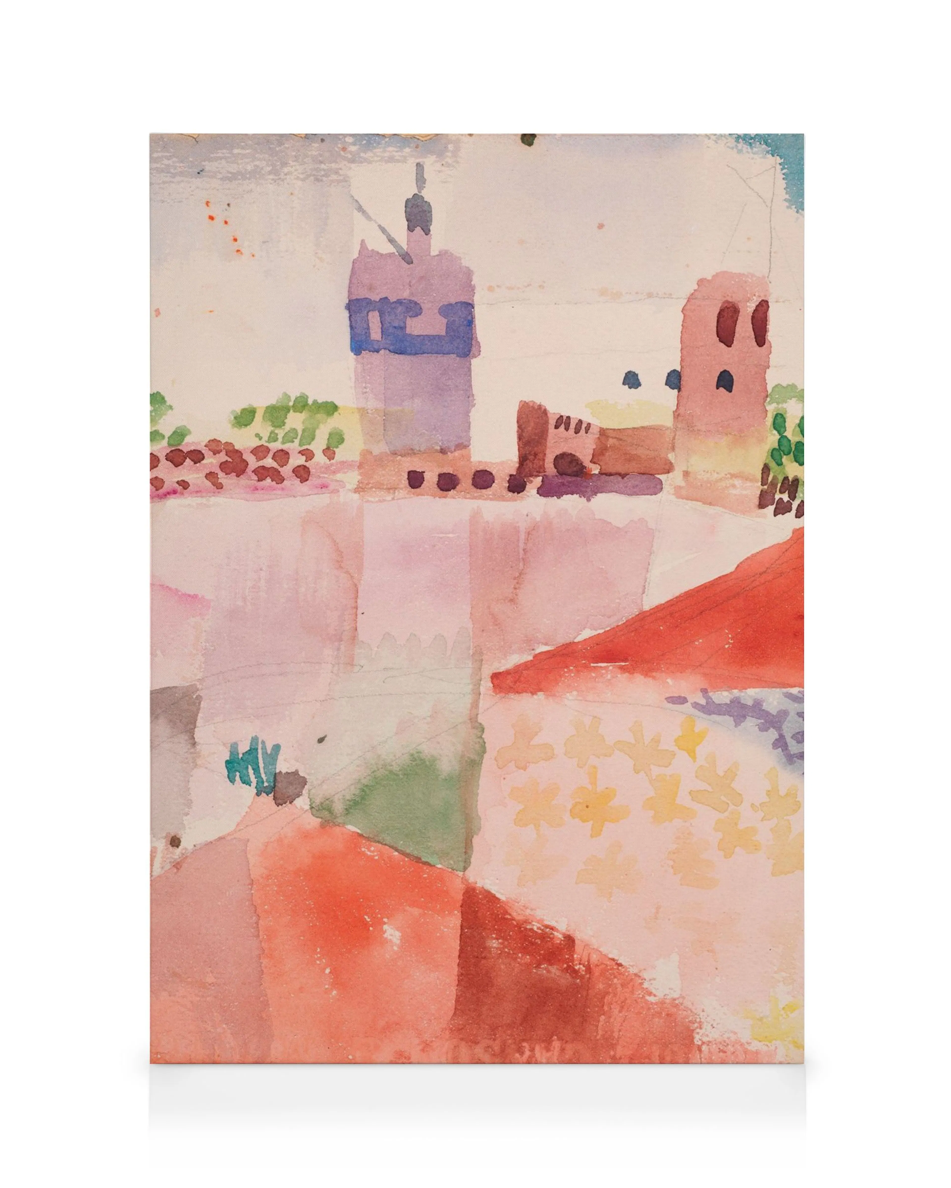 Lienzo Paul Klee: Hammamet con su Mezquita. Acuarela abstracta, torre púrpura, tejados pastel, follaje onírico.