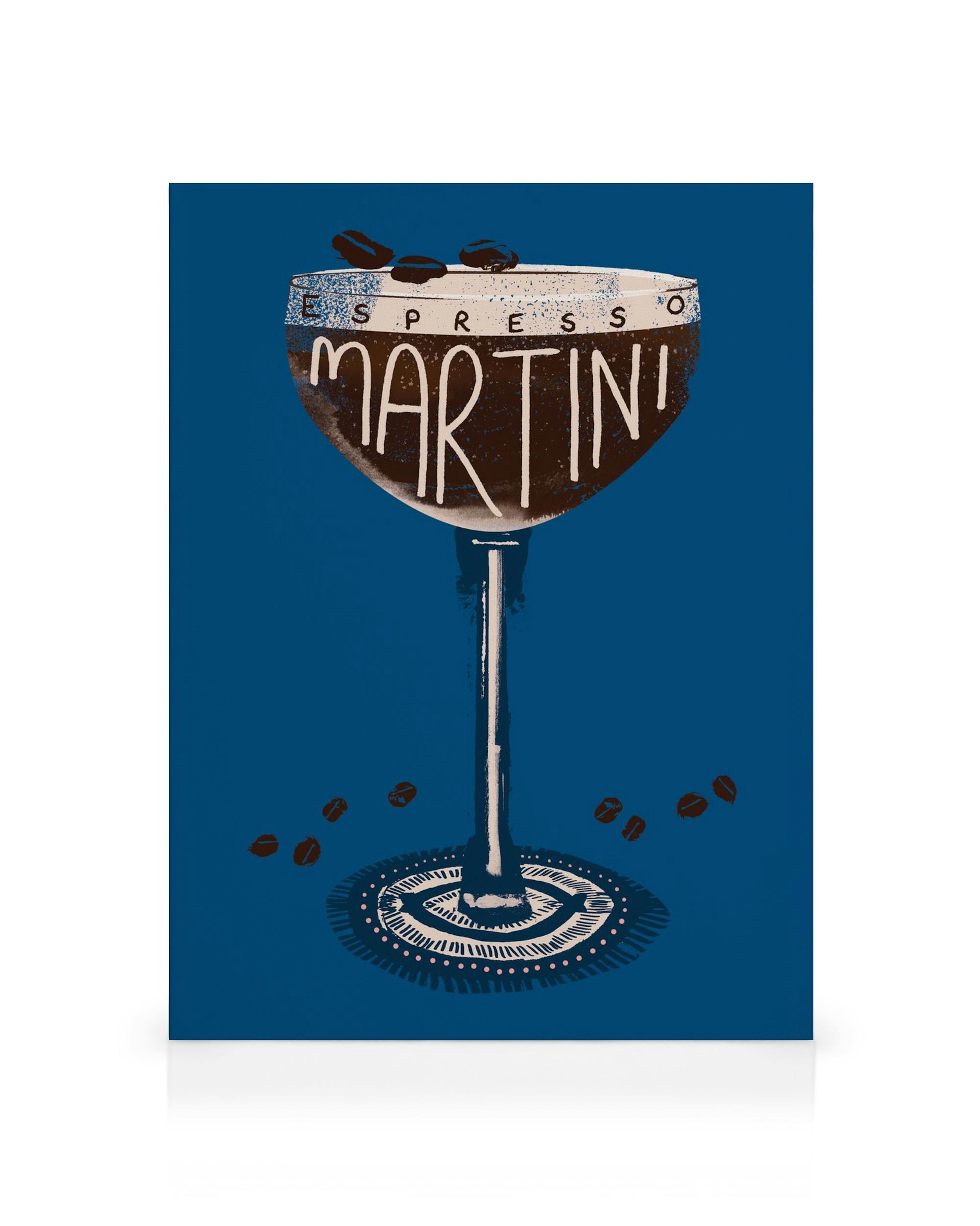 Espresso Martini canvas print with cocktail illustration, Espresso Martini text, coffee beans on blue background.
