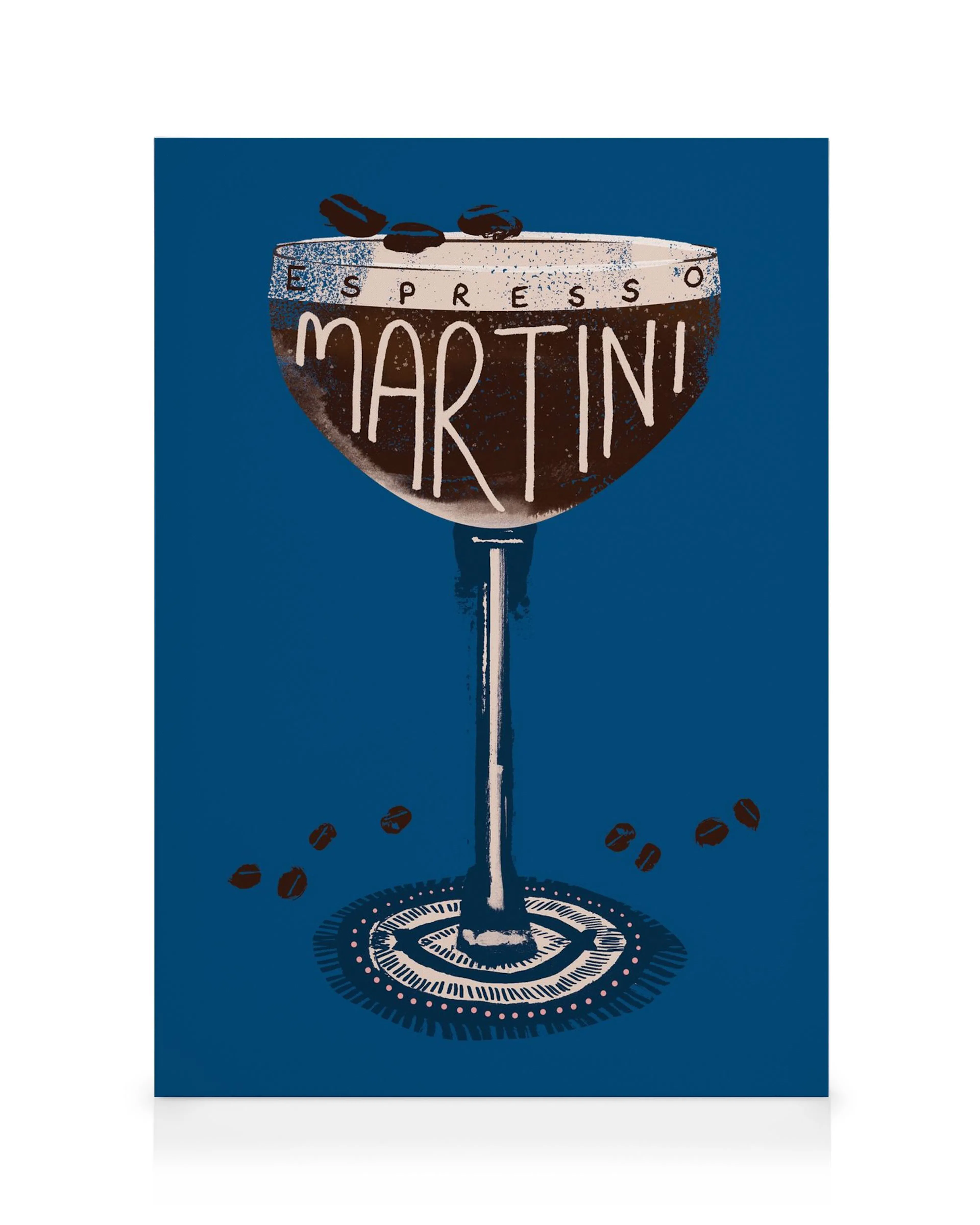 Espresso Martini cocktail art with coffee beans on a deep blue background, perfect for kitchen decor.