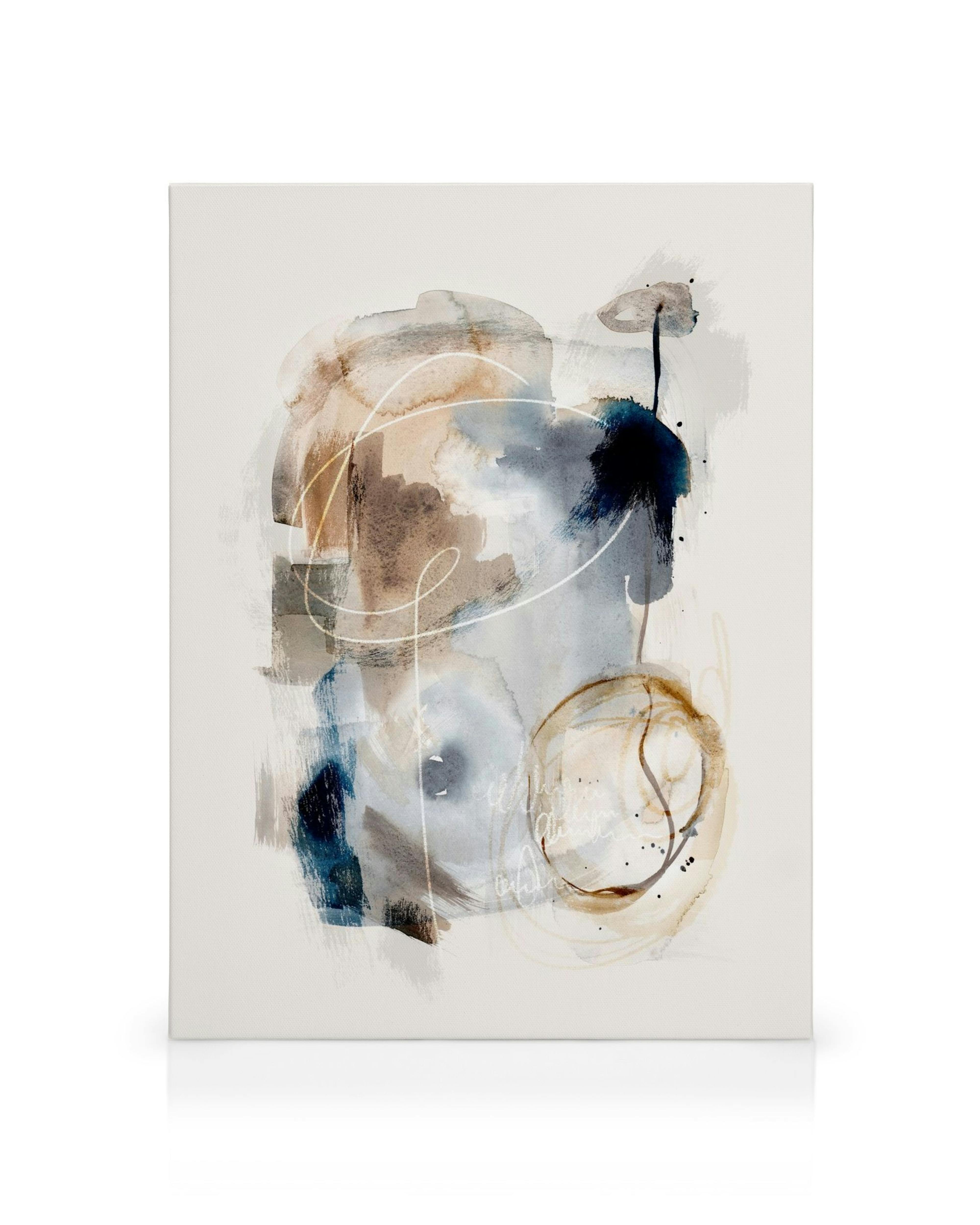 Abstraktes Aquarell-Leinwandbild mit Pinselspritzern in Blau, Braun, Grau und Weiß