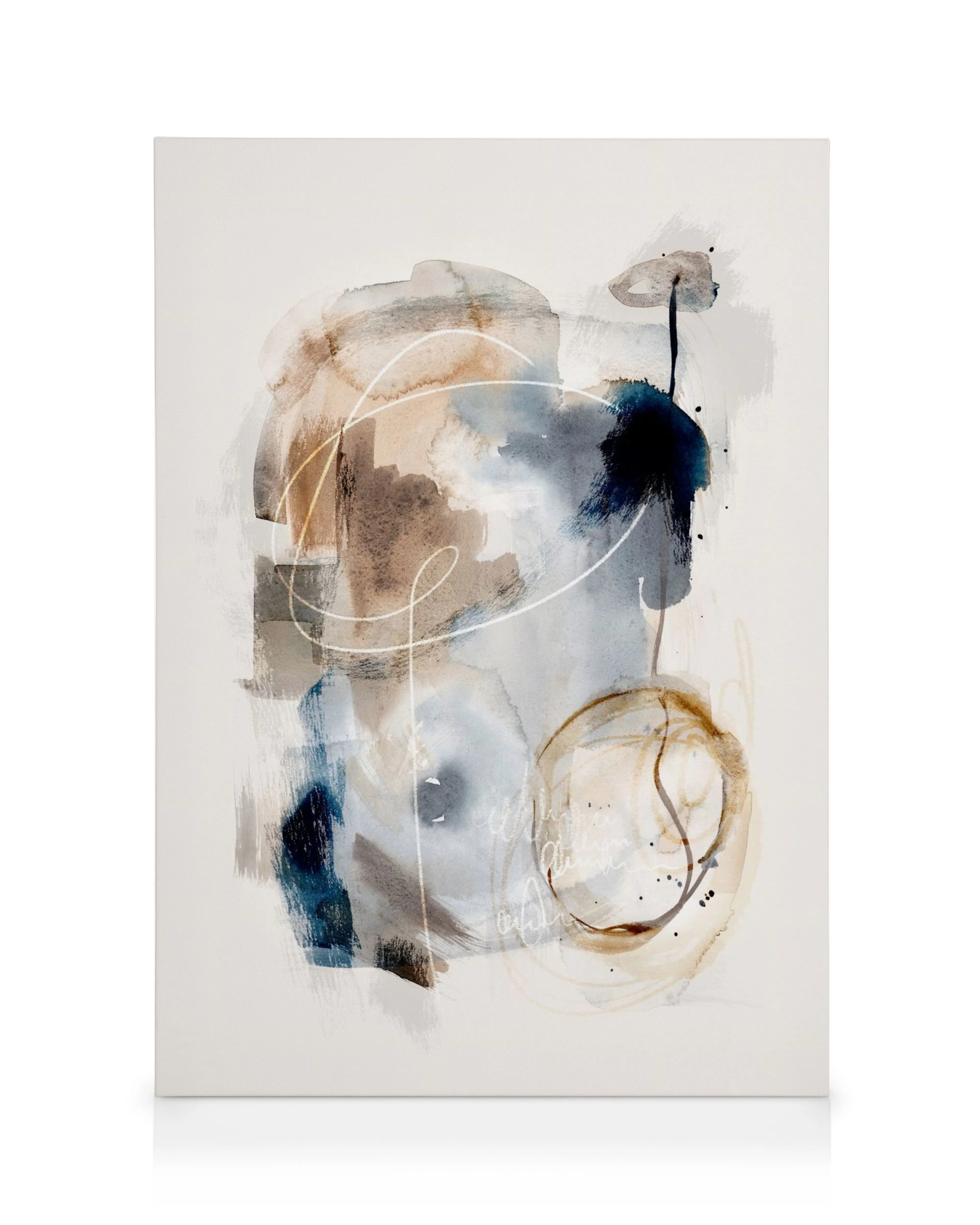 Abstract watercolor brushes canvas print with blue, brown, and grey strokes, expressive modern art.