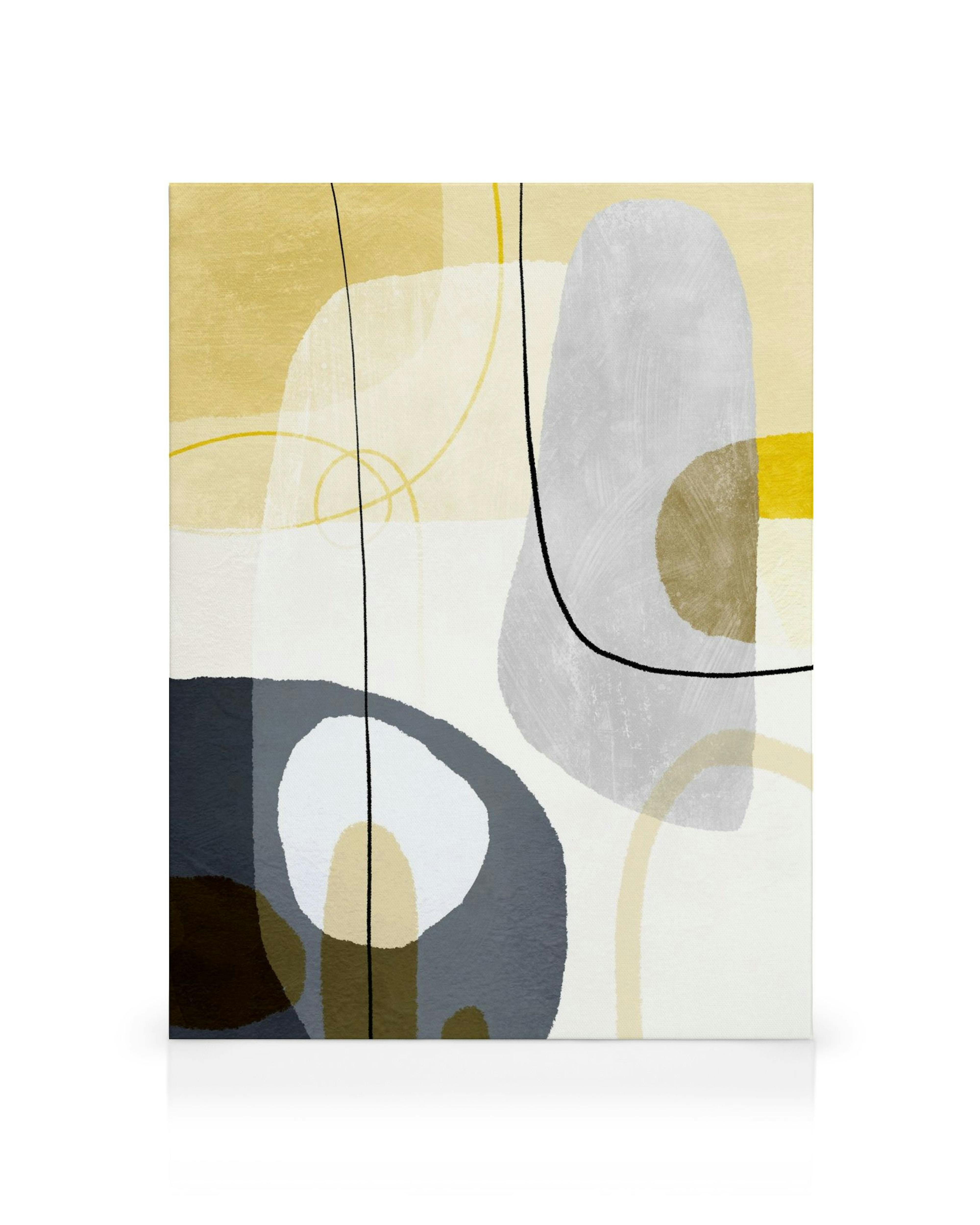 Toile abstraite avec des formes courbes or, gris, blanc et noir sur fond blanc, lignes fines noires et jaunes