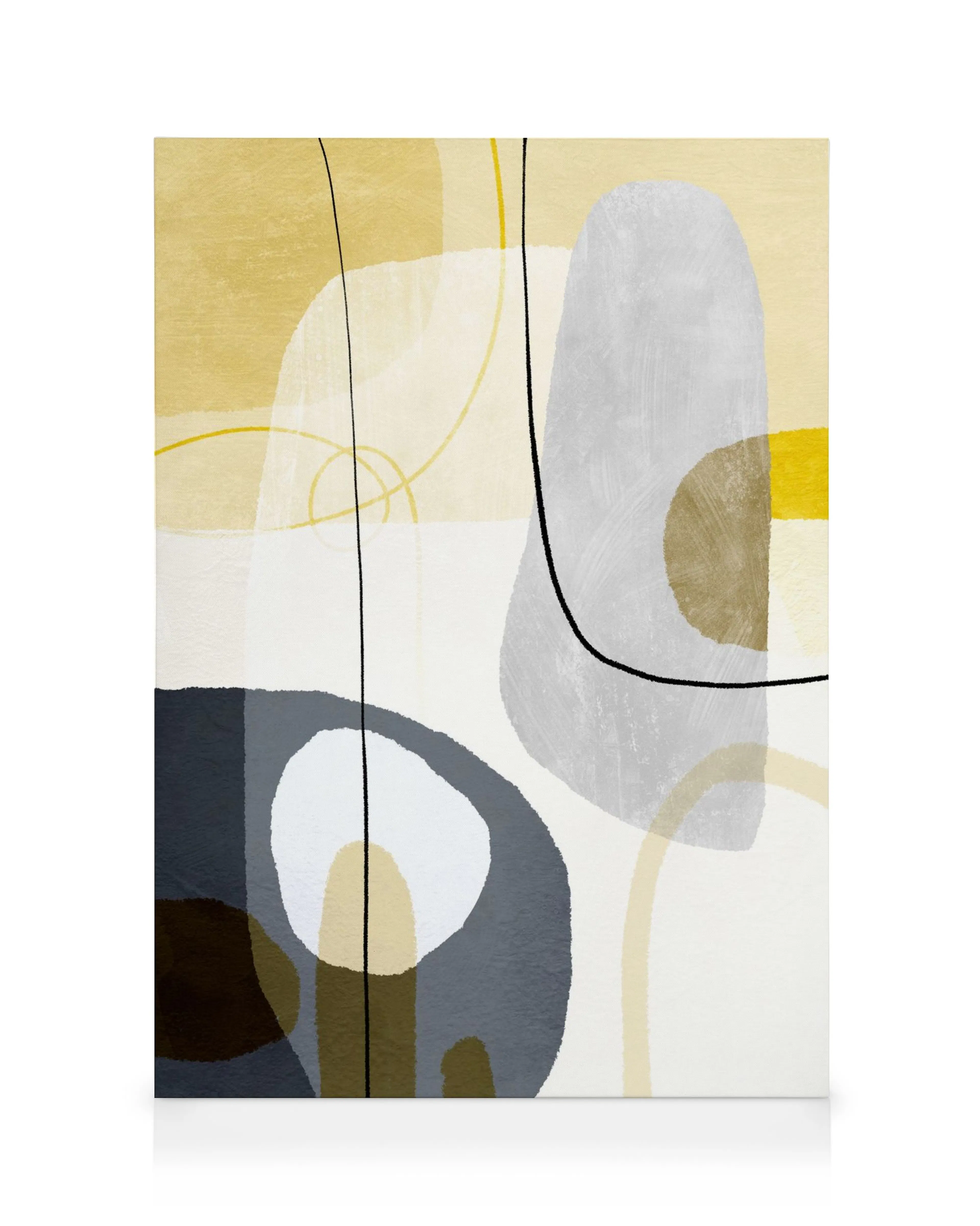 Lienzo abstracto con formas curvas en dorado, gris, blanco y negro sobre fondo blanco, ideal para galería de pared.