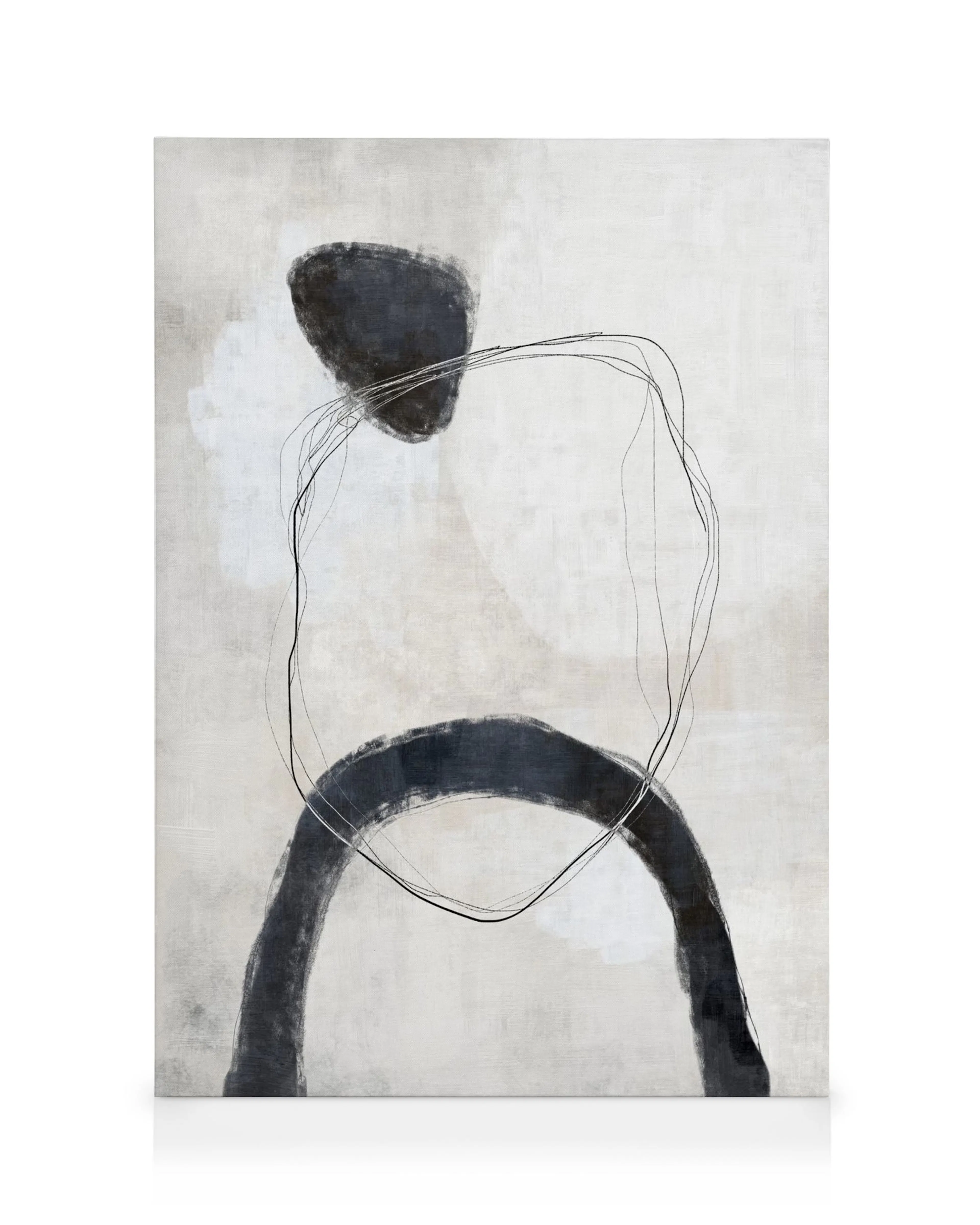 Painted Abstract No2 canvas print with black abstract shapes and thin lines on a light beige background, modern wall art
