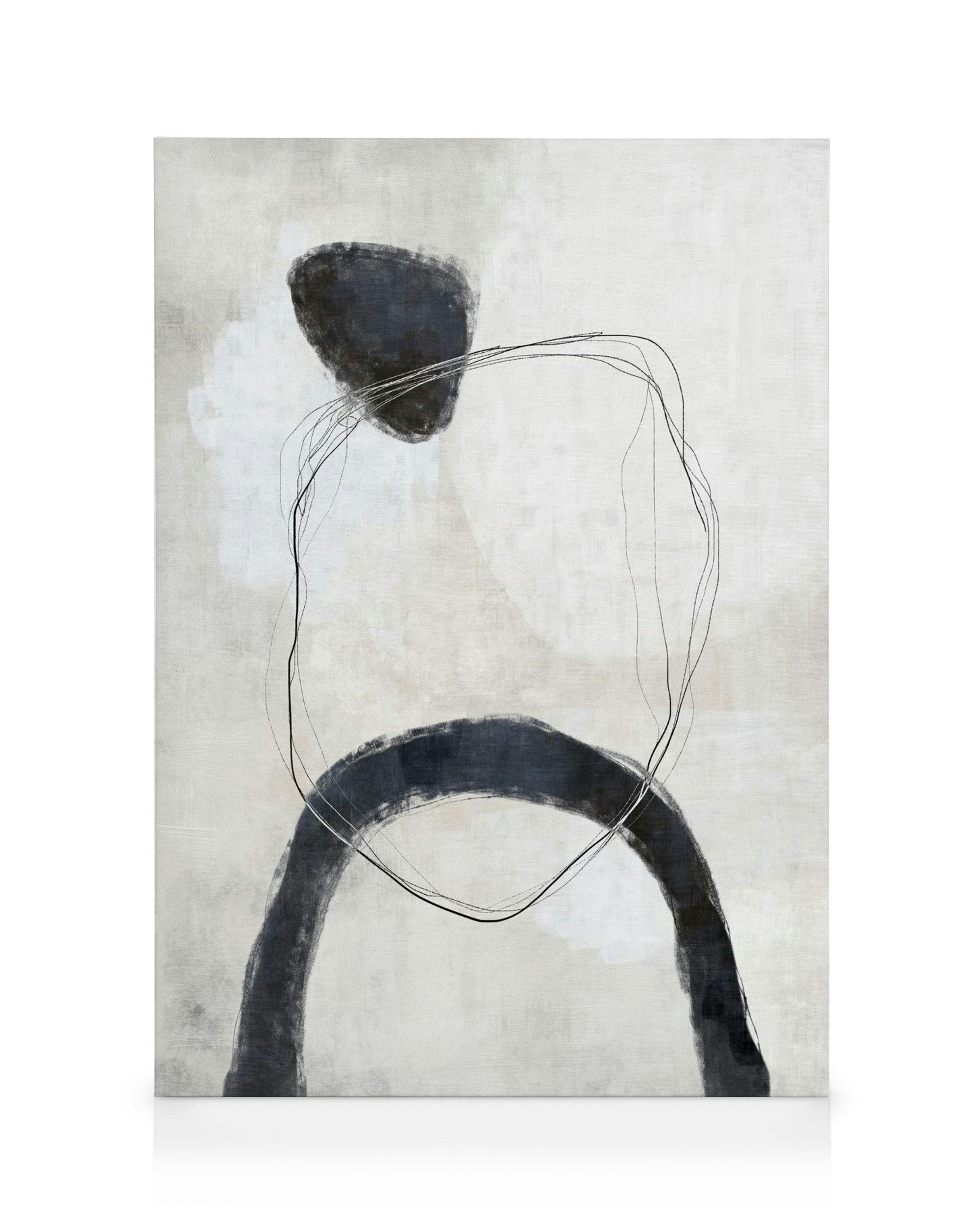 Obraz na plátně s černými organickými tvary a jemnými linkami na béžovém pozadí.