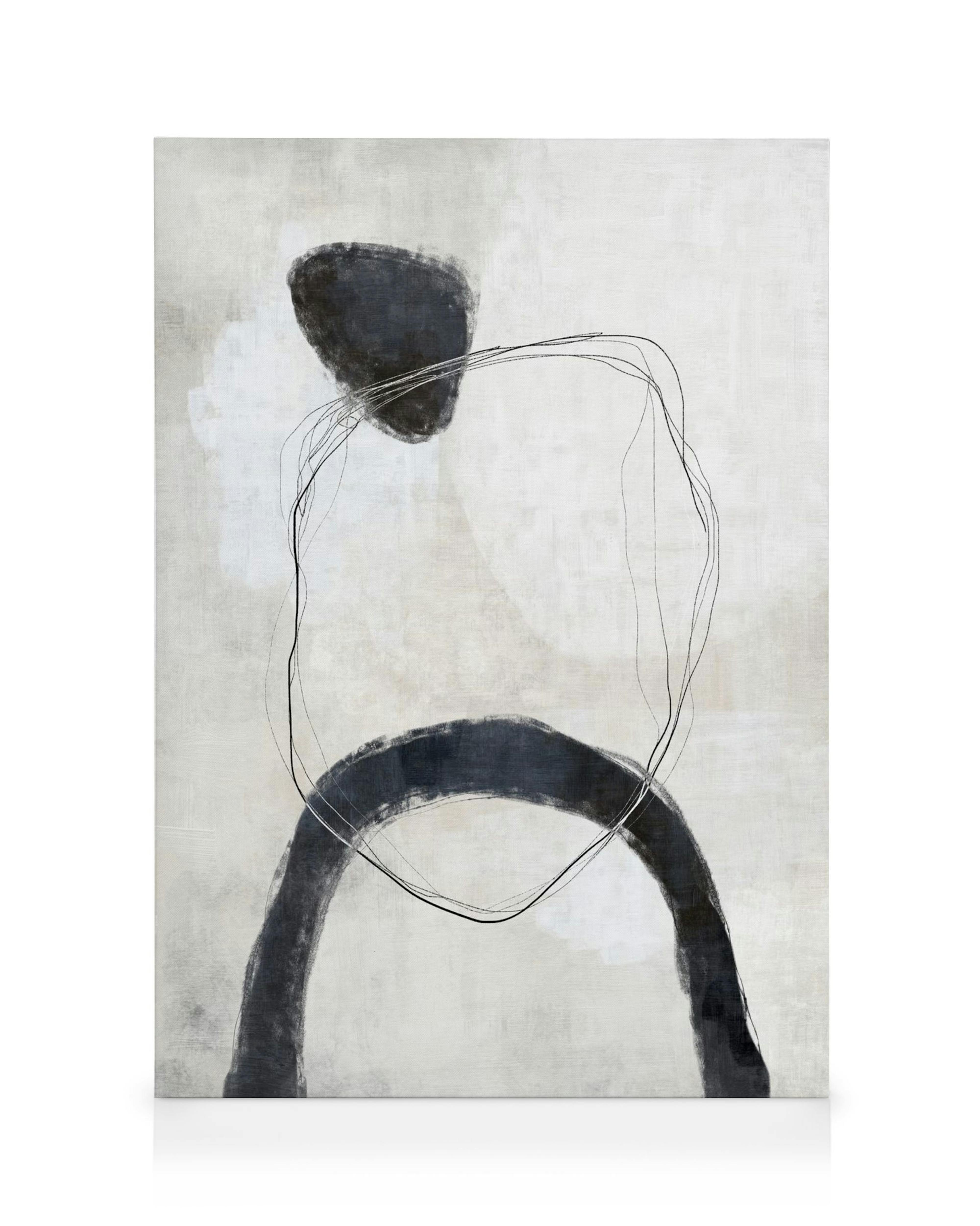Obraz na plátně s černými organickými tvary a jemnými linkami na béžovém pozadí.