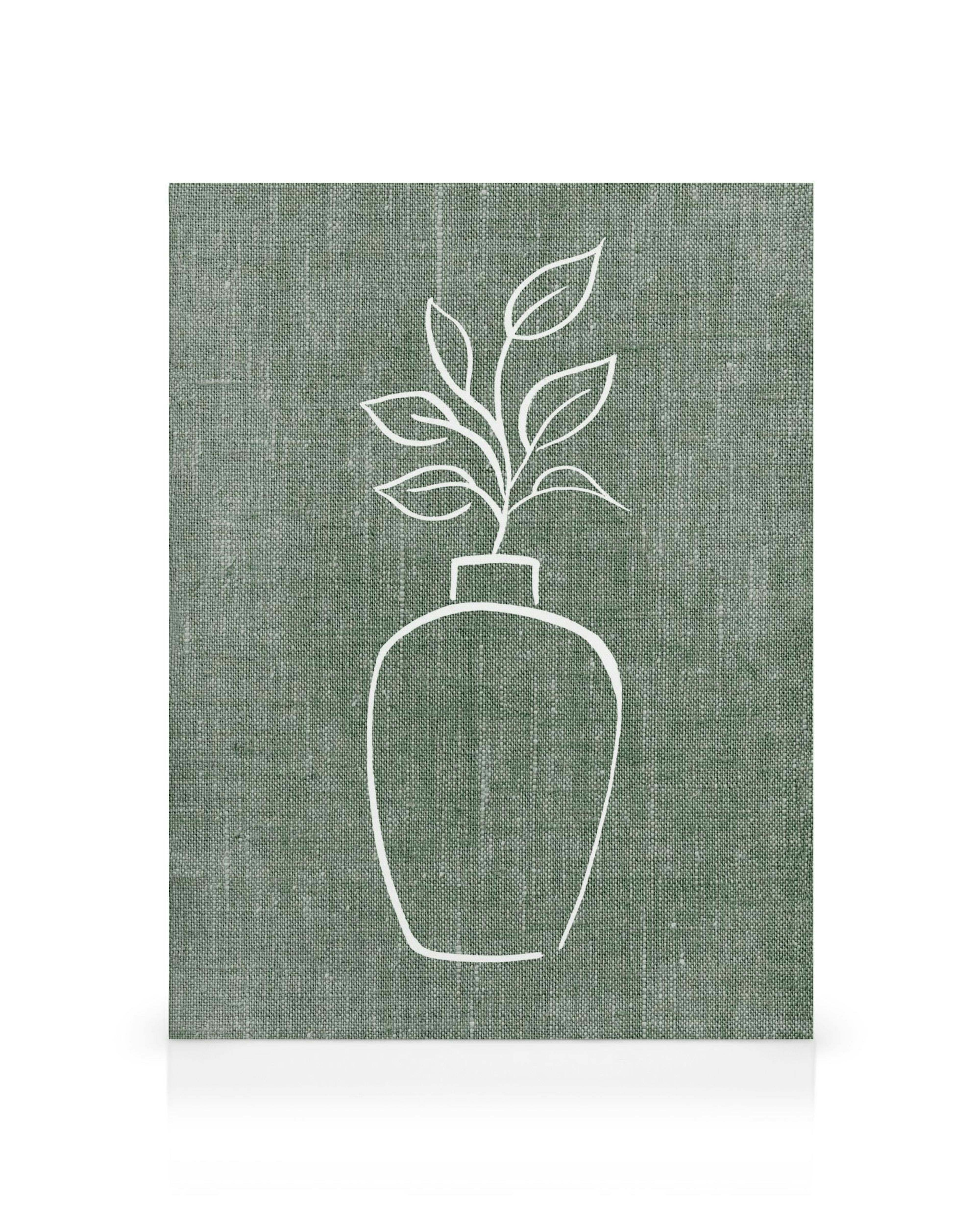 Πράσινος καμβάς με λευκό αφηρημένο σχέδιο φυτού σε βάζο, μίνιμαλ διακόσμηση