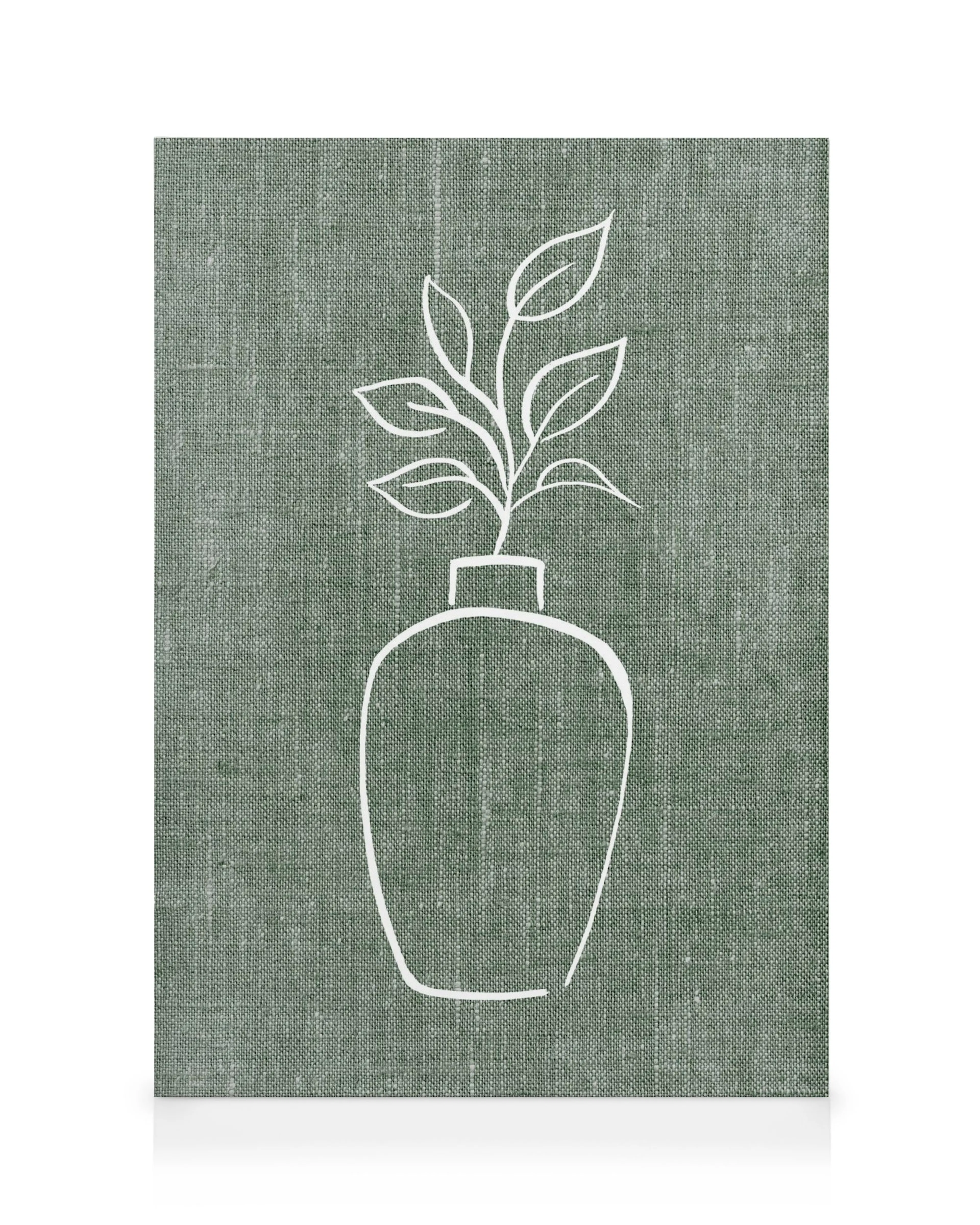 Grøn linned lærred med hvid, stiliseret tegning af plante i vase, minimalistisk botanisk kunst.