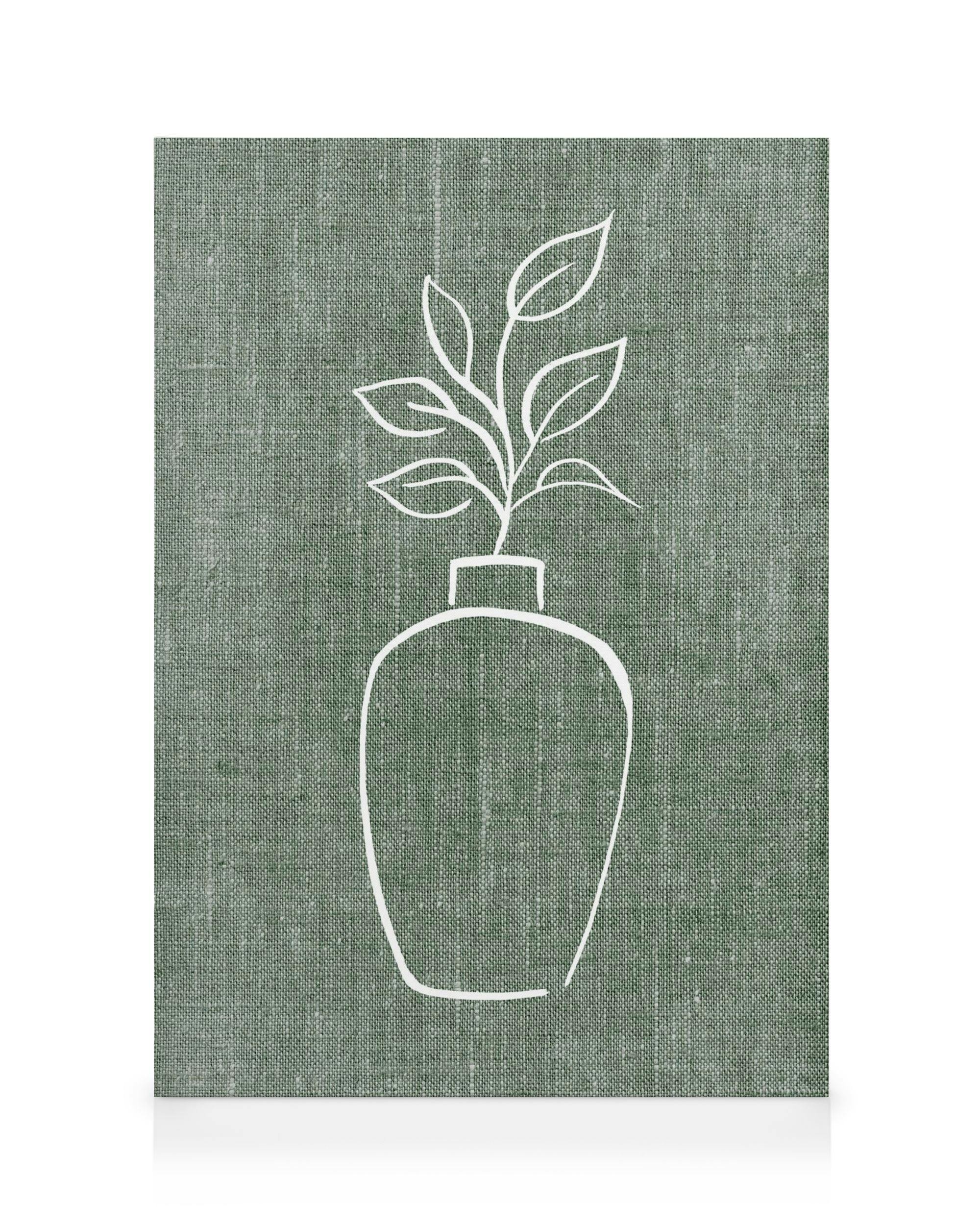 Green linen canvas print with a white sketch of a plant in a vase, creating a natural, minimalist look.