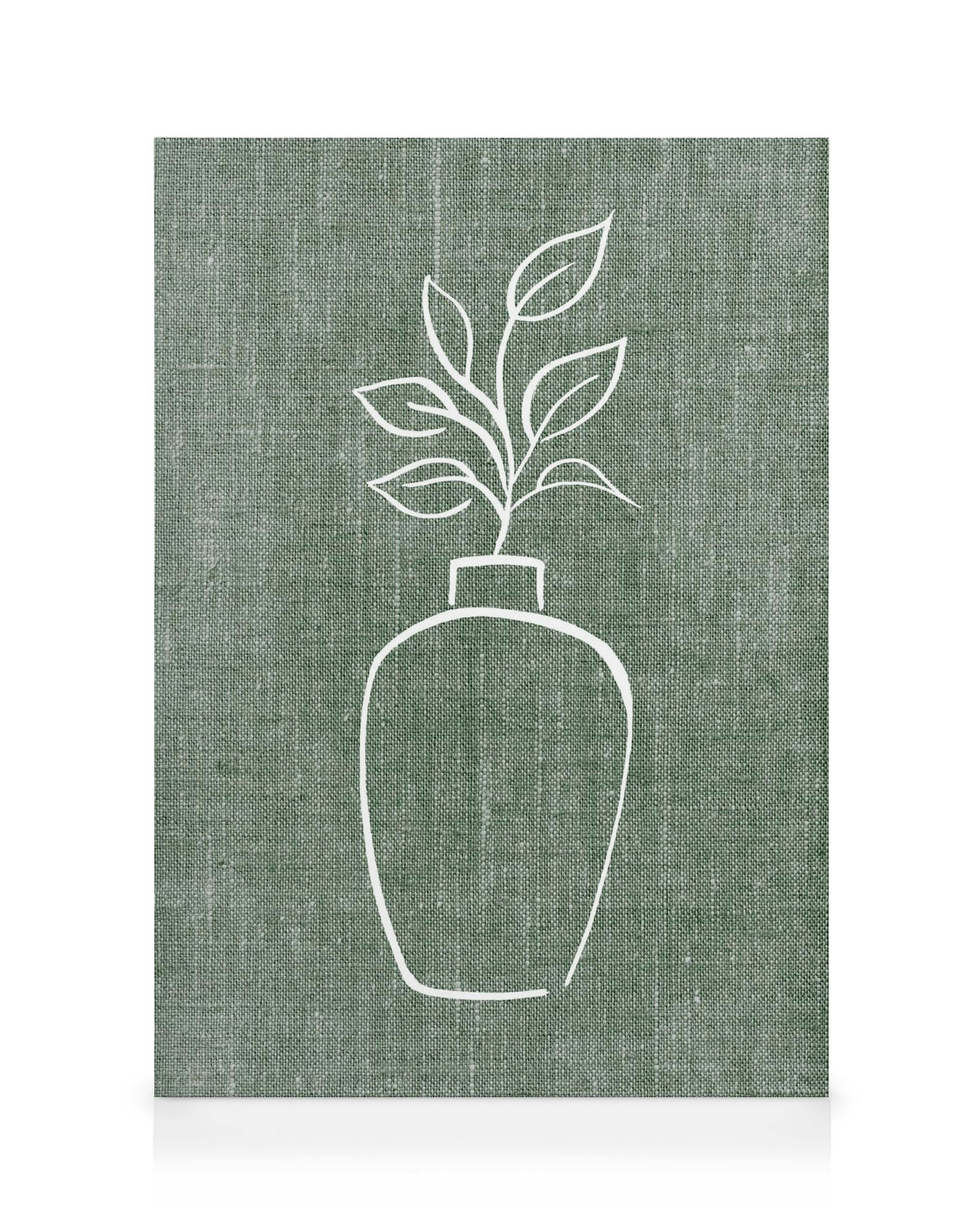 Green linen canvas print with a white sketch of a plant in a vase, creating a natural, minimalist look.