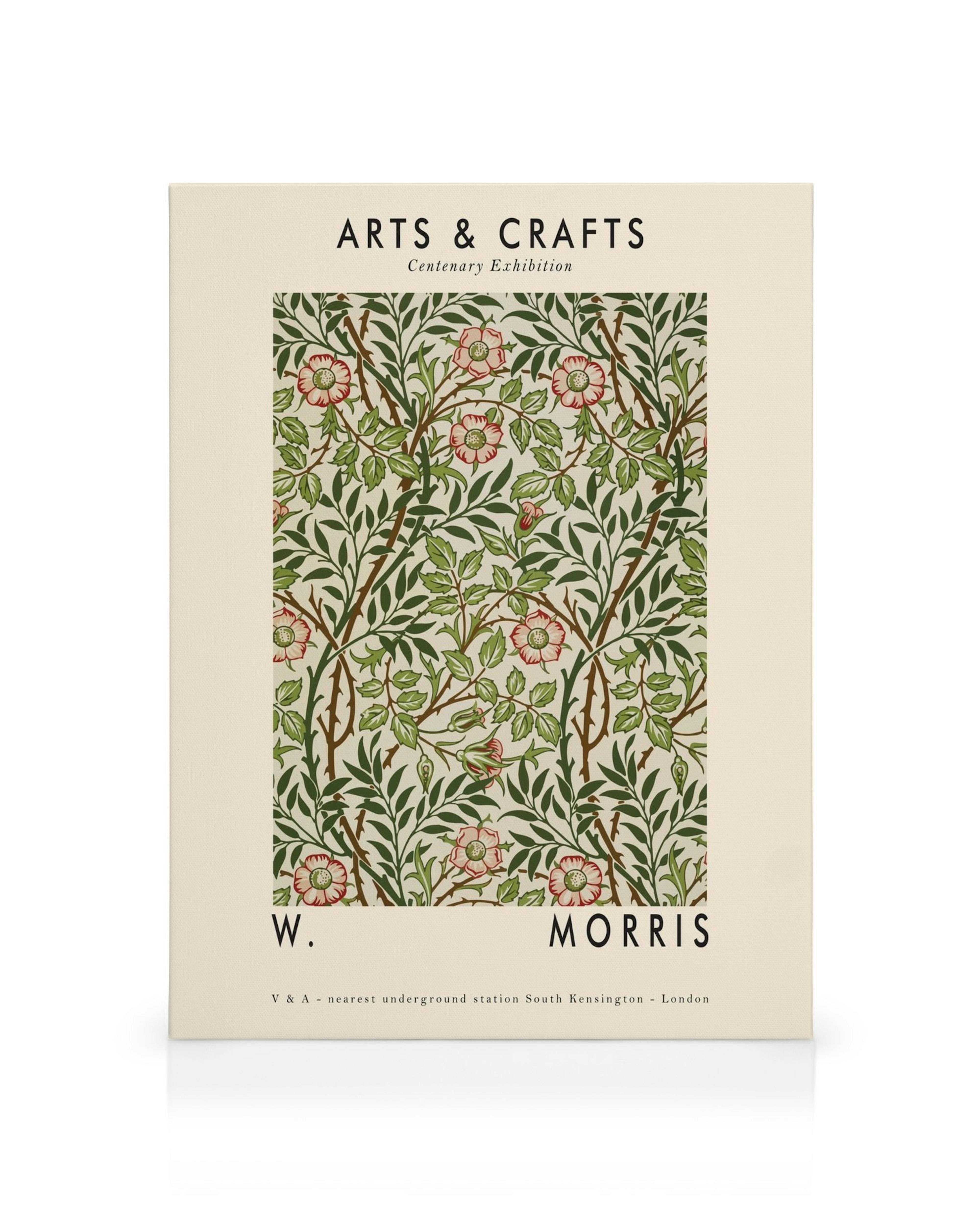 Decoratief canvas met gedetailleerd bloemenpatroon van groene bladeren en roze bloemen op een beige achtergrond.