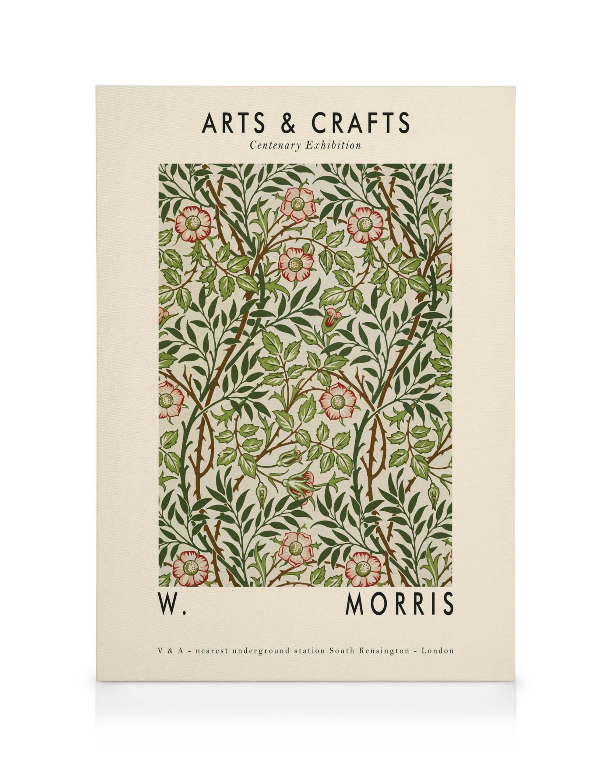 Decoratief canvas met gedetailleerd bloemenpatroon van groene bladeren en roze bloemen op een beige achtergrond.