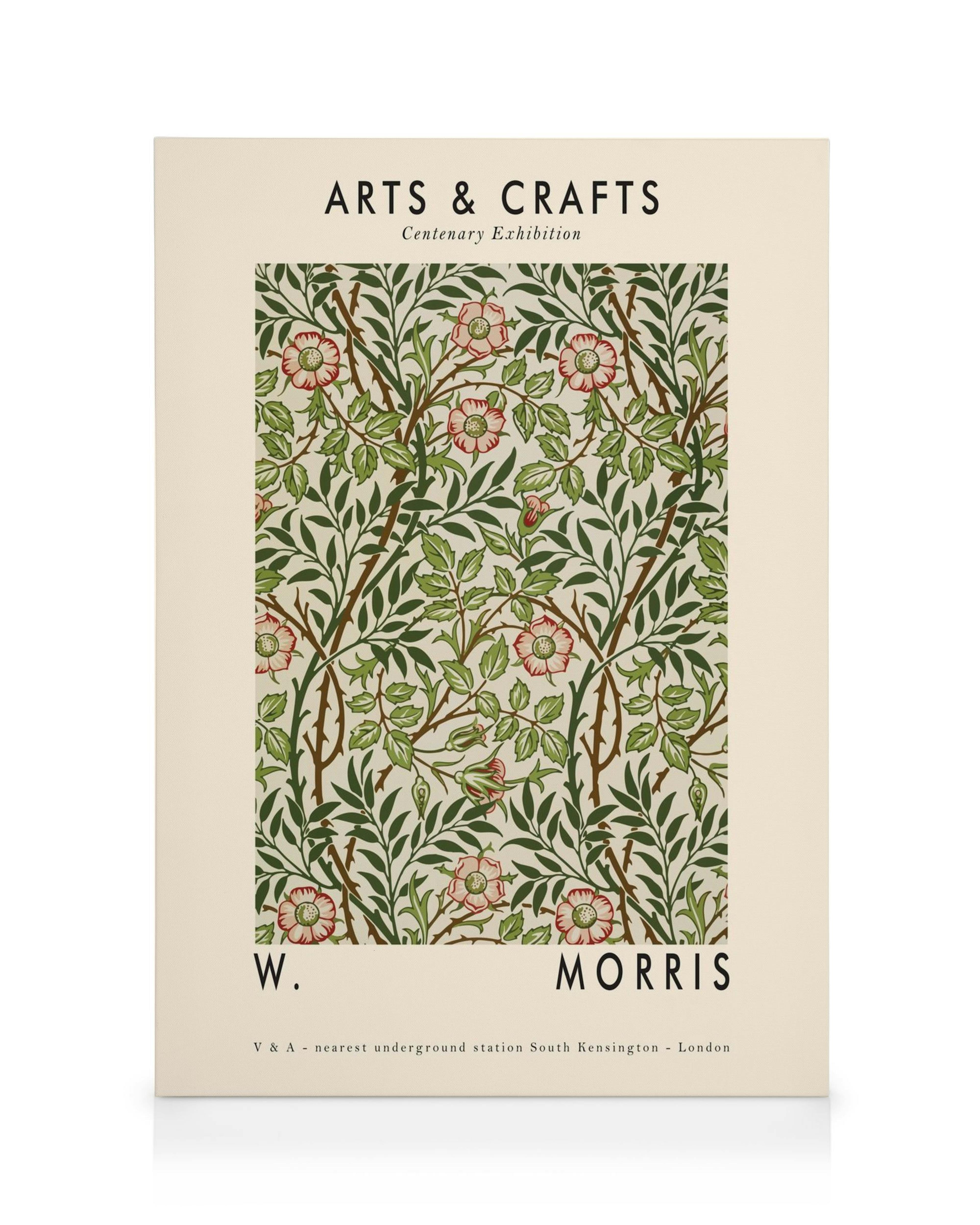 Decoratief canvas met gedetailleerd bloemenpatroon van groene bladeren en roze bloemen op een beige achtergrond.