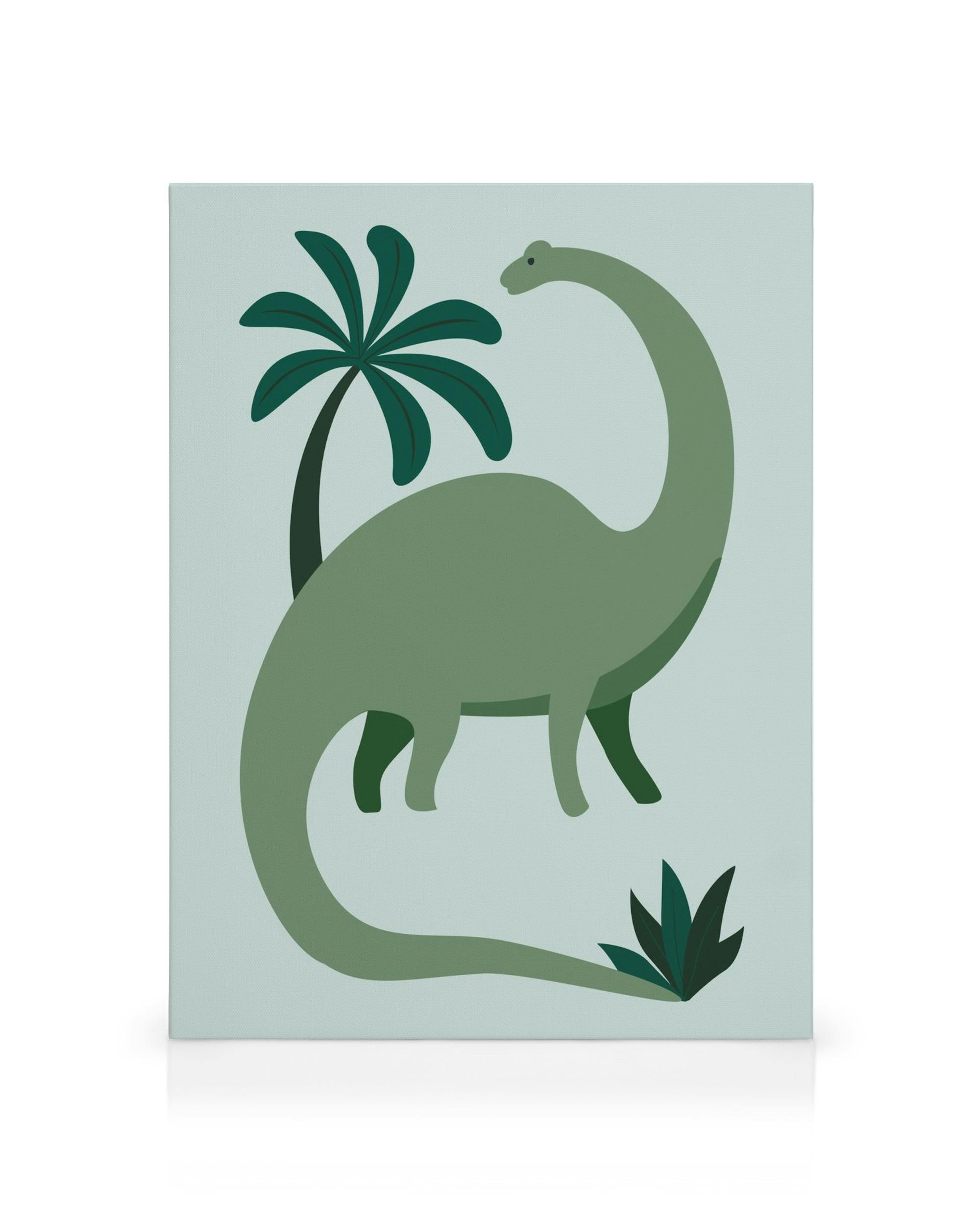 Grøn langhalset dinosaur på lærred, med palme og plante, tegneserie stil, børneværelse kunst