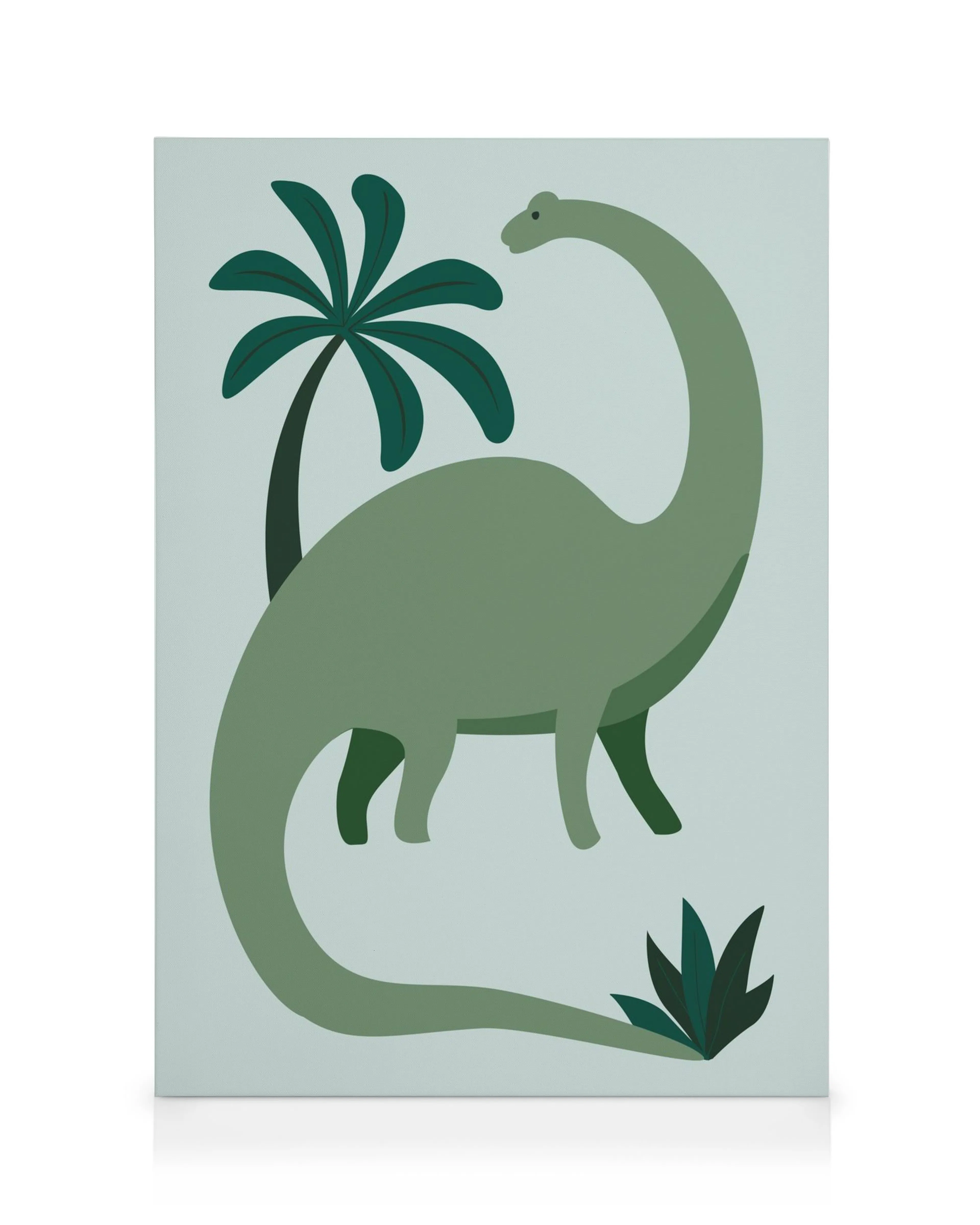 Toile de dinosaure vert stylisé avec un long cou et une longue queue, plantes vertes sur fond bleu clair