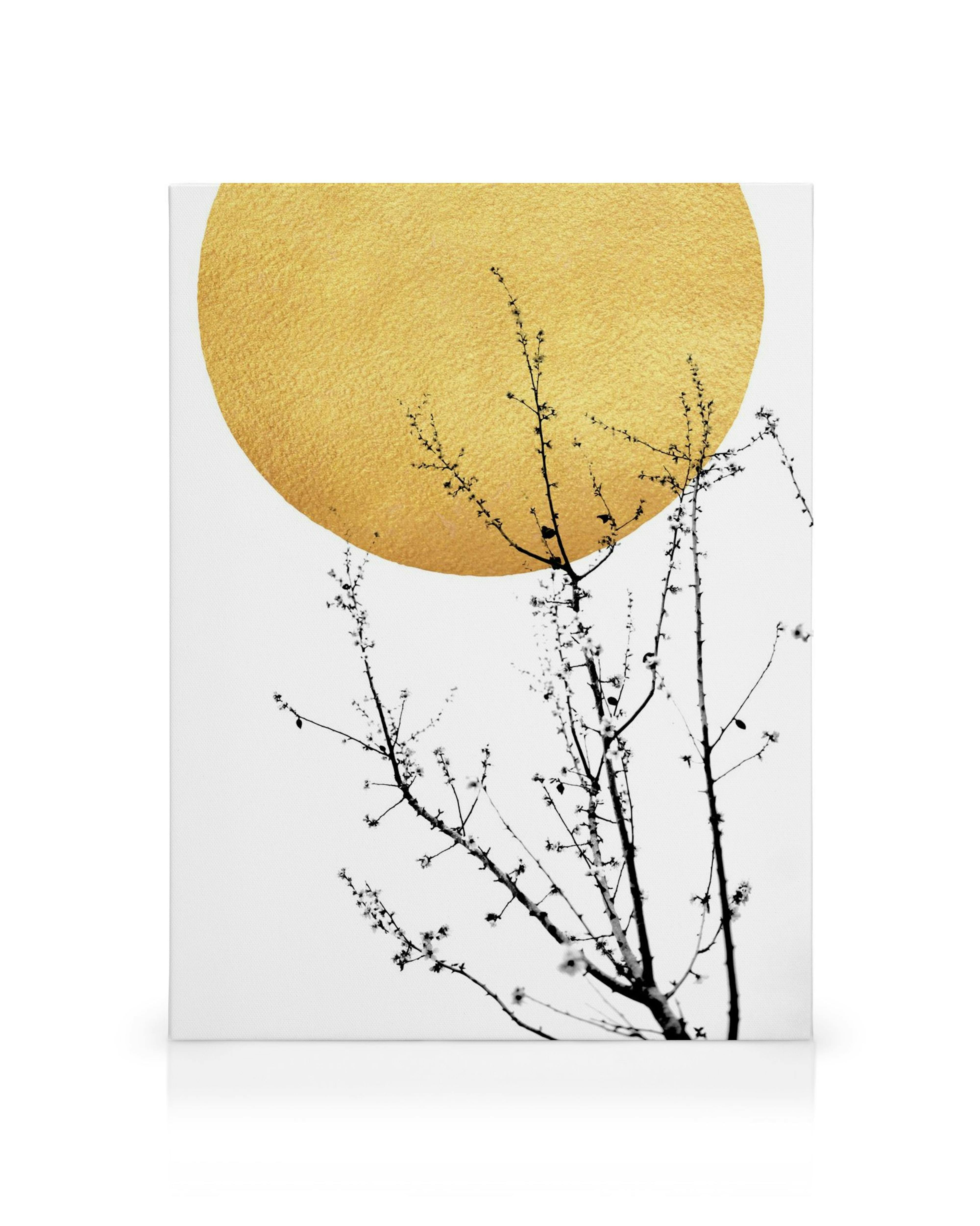 Stampa su tela minimalista con sole giallo testurizzato e ramificazioni nere su sfondo bianco, arte botanica da parete.