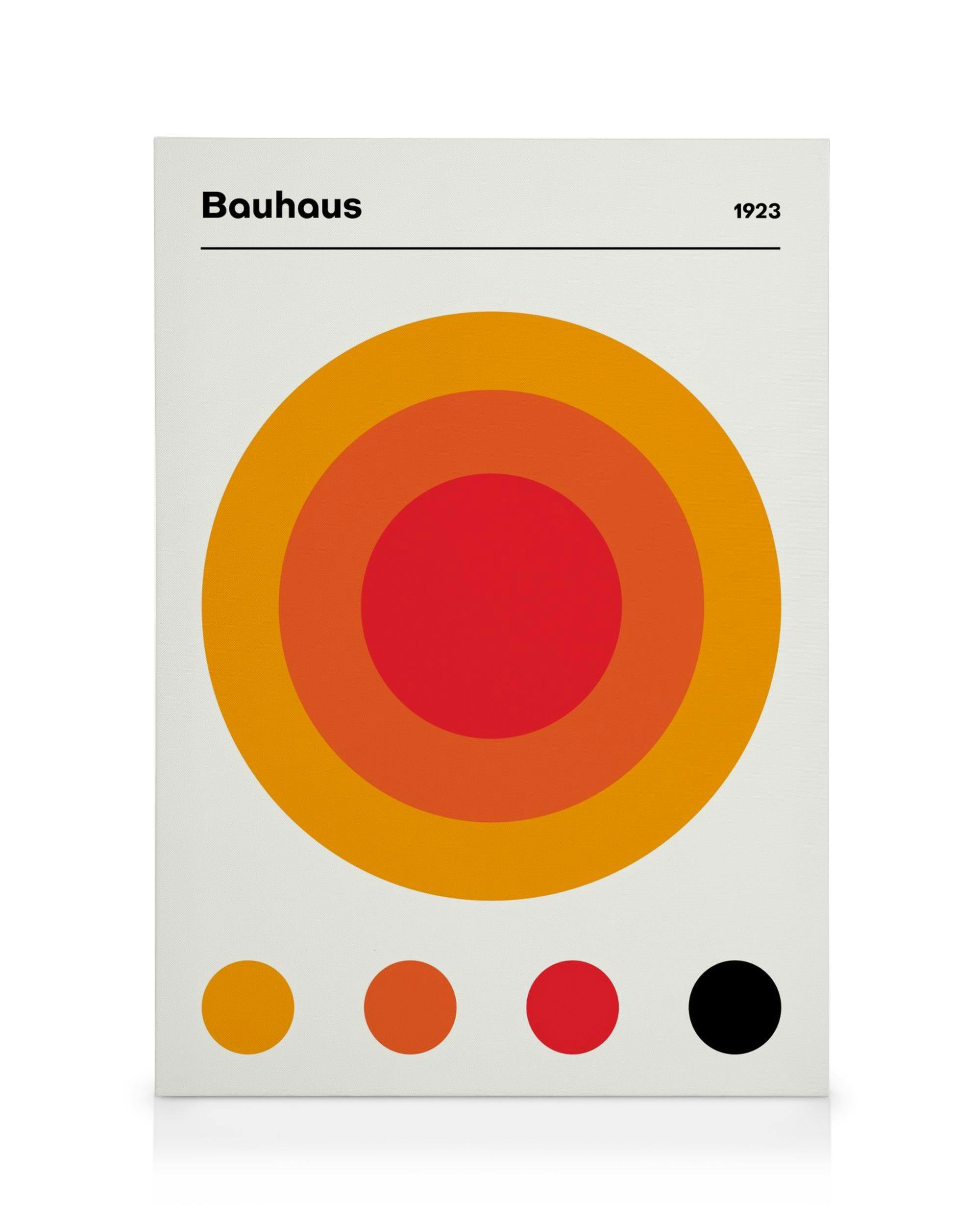 Plátno Bauhaus 1923, soustředné kruhy v odstínech oranžové, červené a žluté na bílém pozadí.