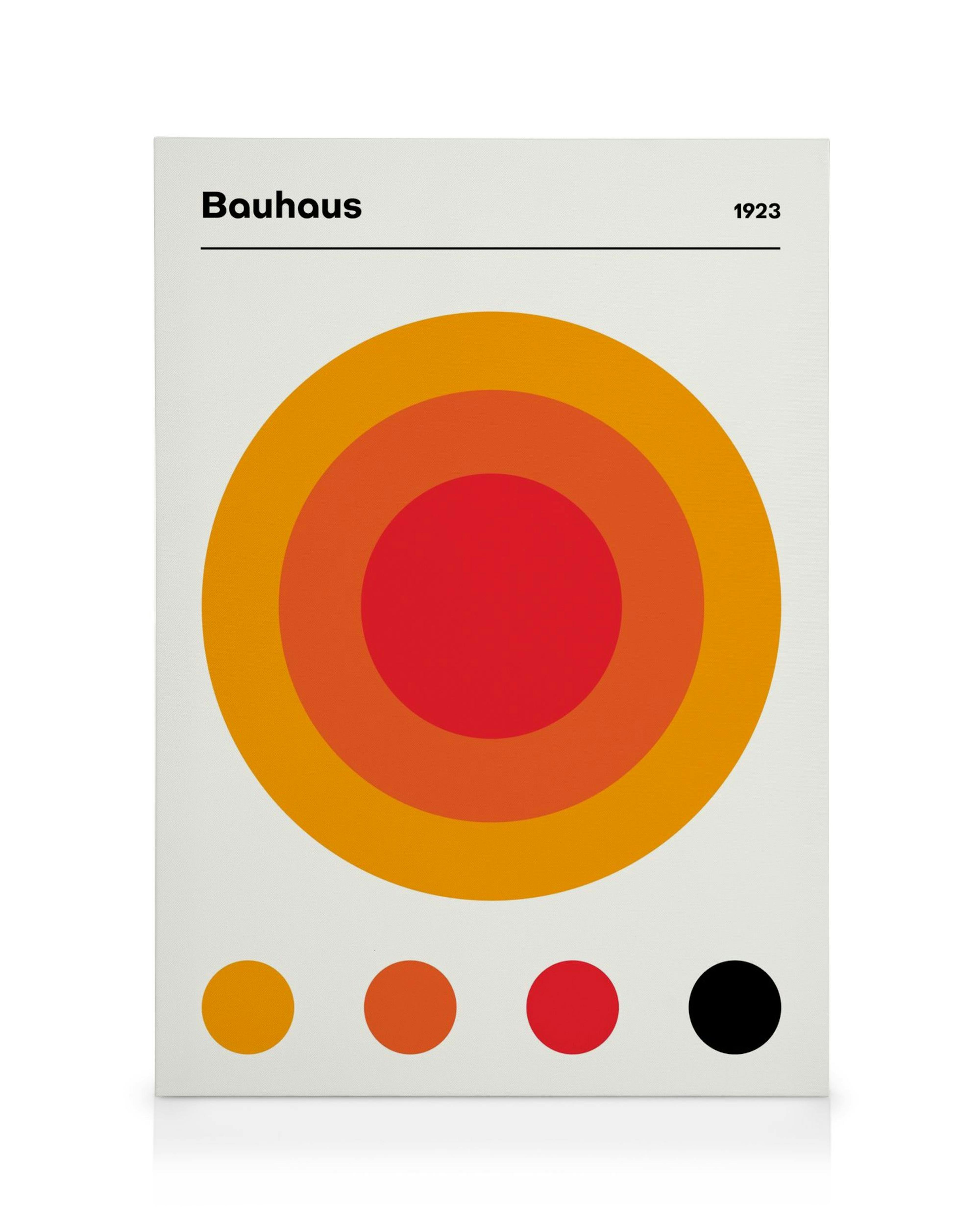 Plátno Bauhaus 1923, soustředné kruhy v odstínech oranžové, červené a žluté na bílém pozadí.