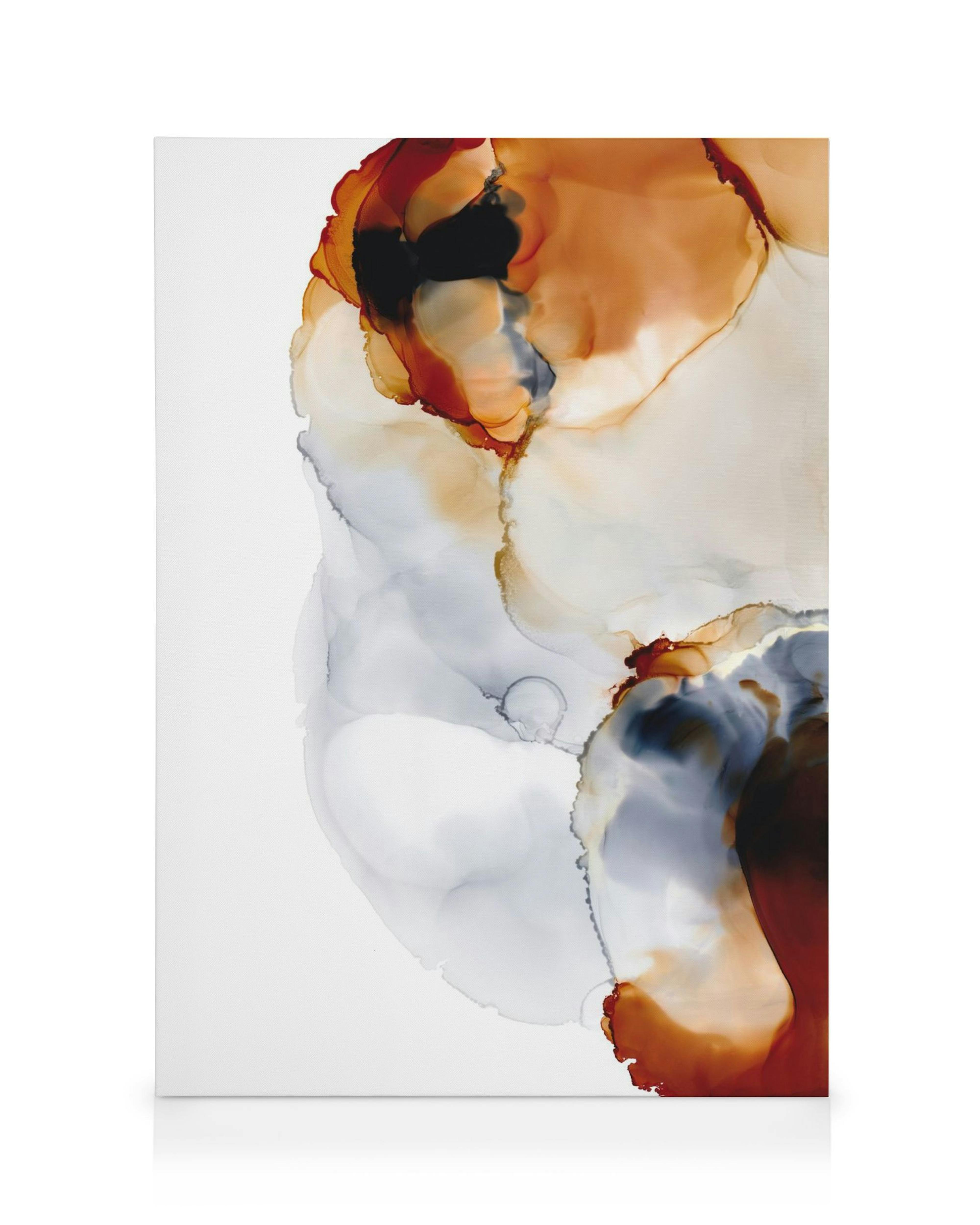 Leinwanddruck mit fliessenden Farbfeldern in Terrakotta, Schwarz und Grau auf weissem Grund, wie Rauchwolken oder Tintenkunst.