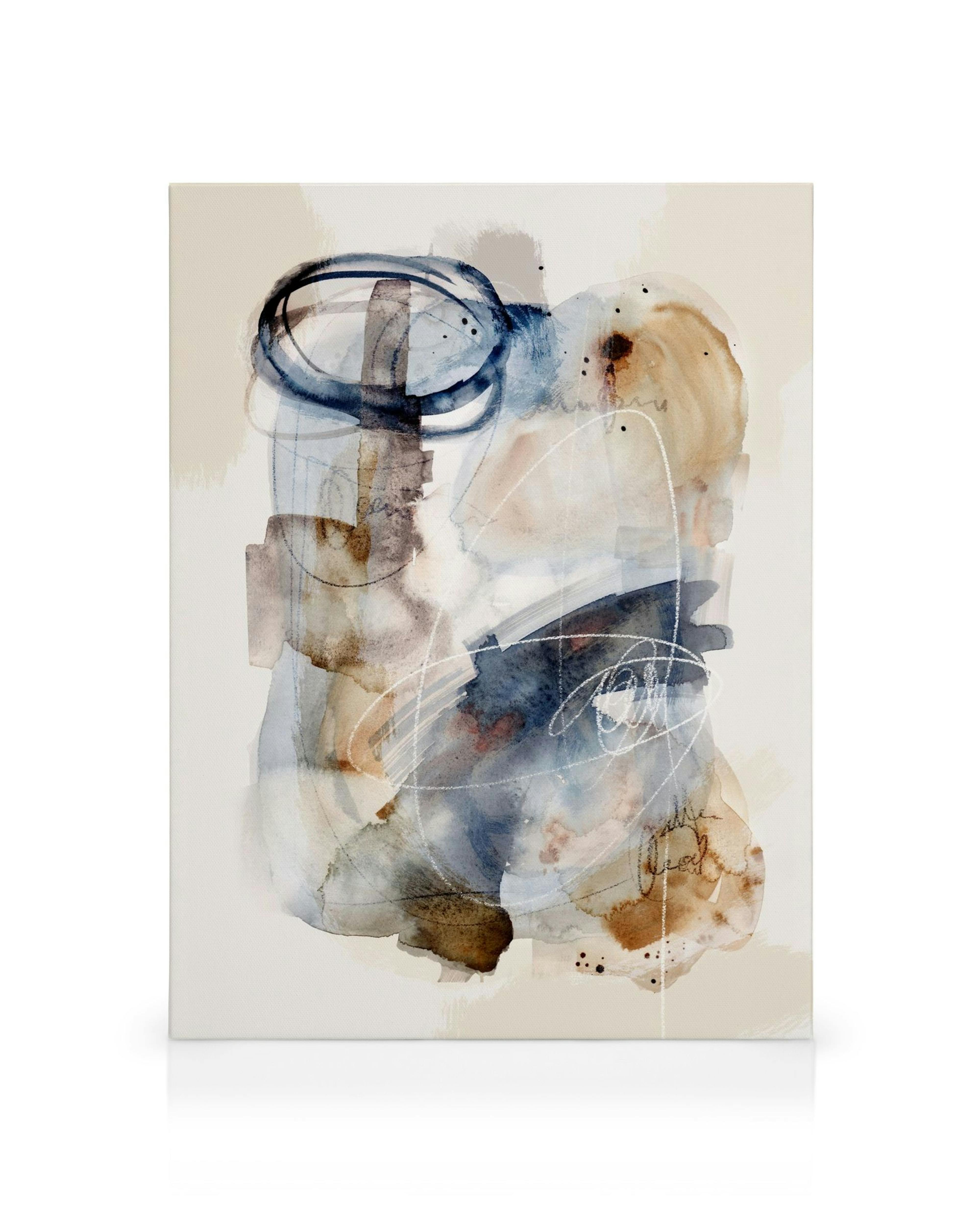 Toile abstraite avec coups de pinceau aquarelle bleus, bruns et beiges, typographie et cercles