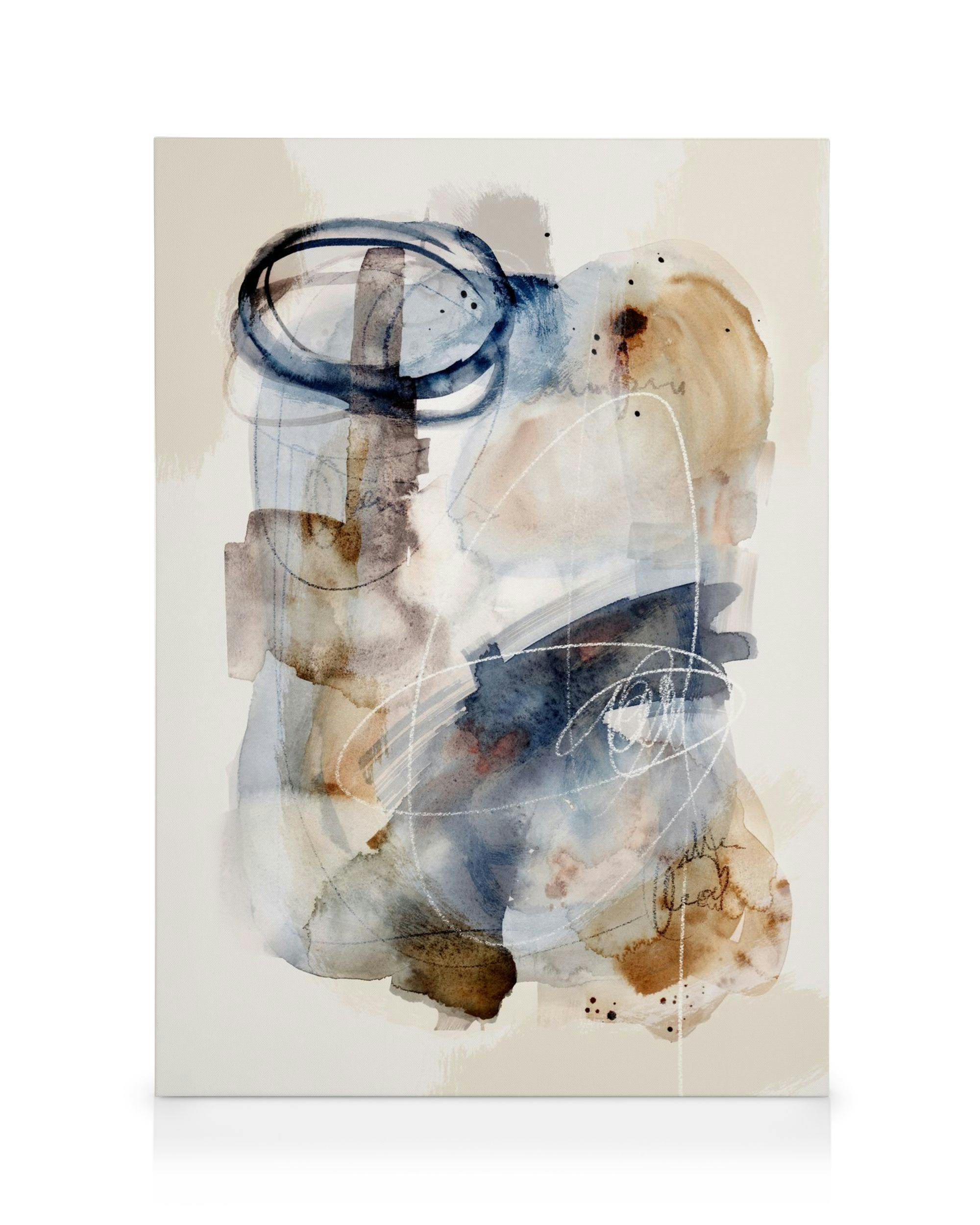 Dipinto astratto ad acquerello con forme blu, marroni e beige. Pennellate dinamiche e linee bianche curve.