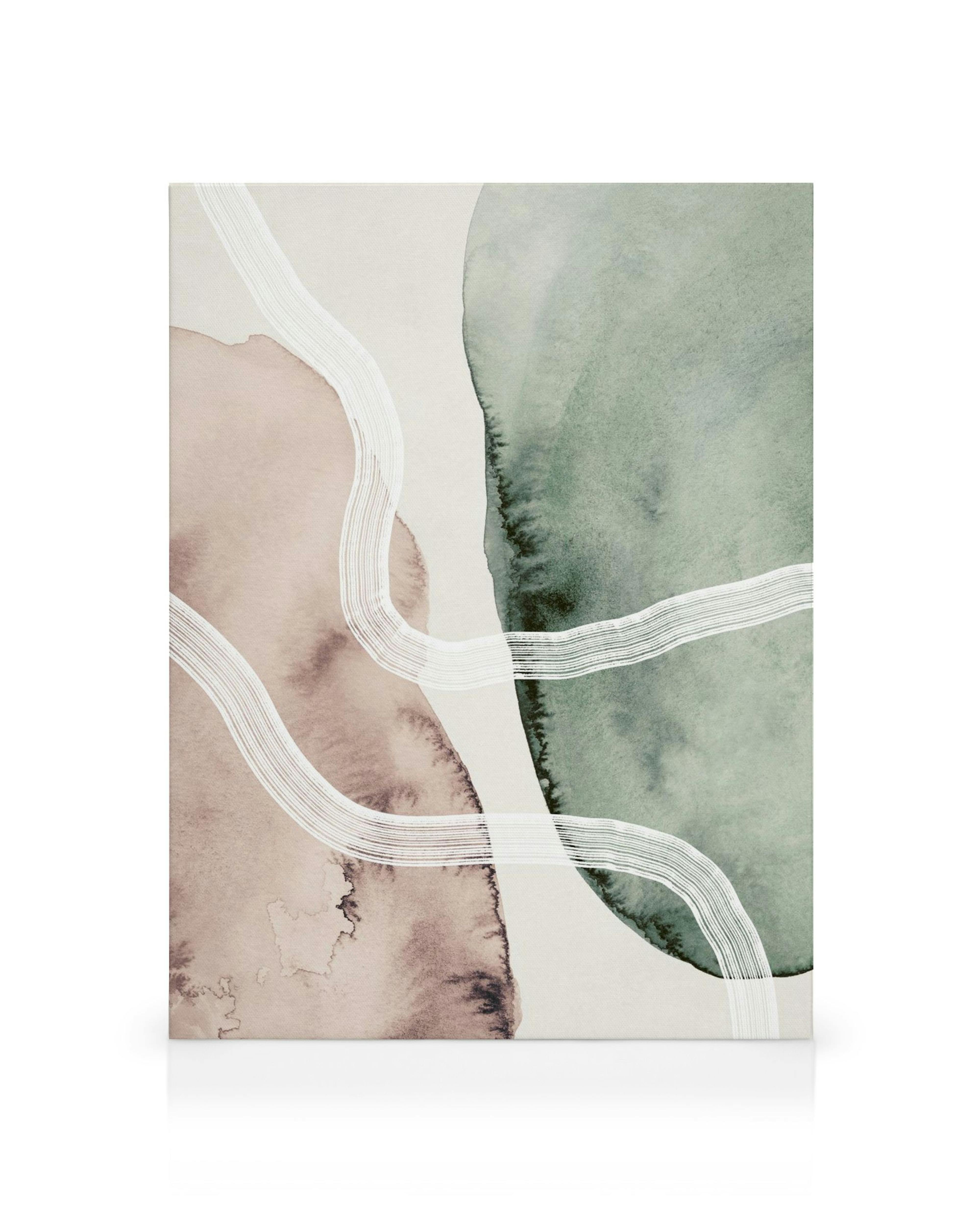 Abstract canvas print with brown and green watercolor shapes on white, connected by curved white lines.
