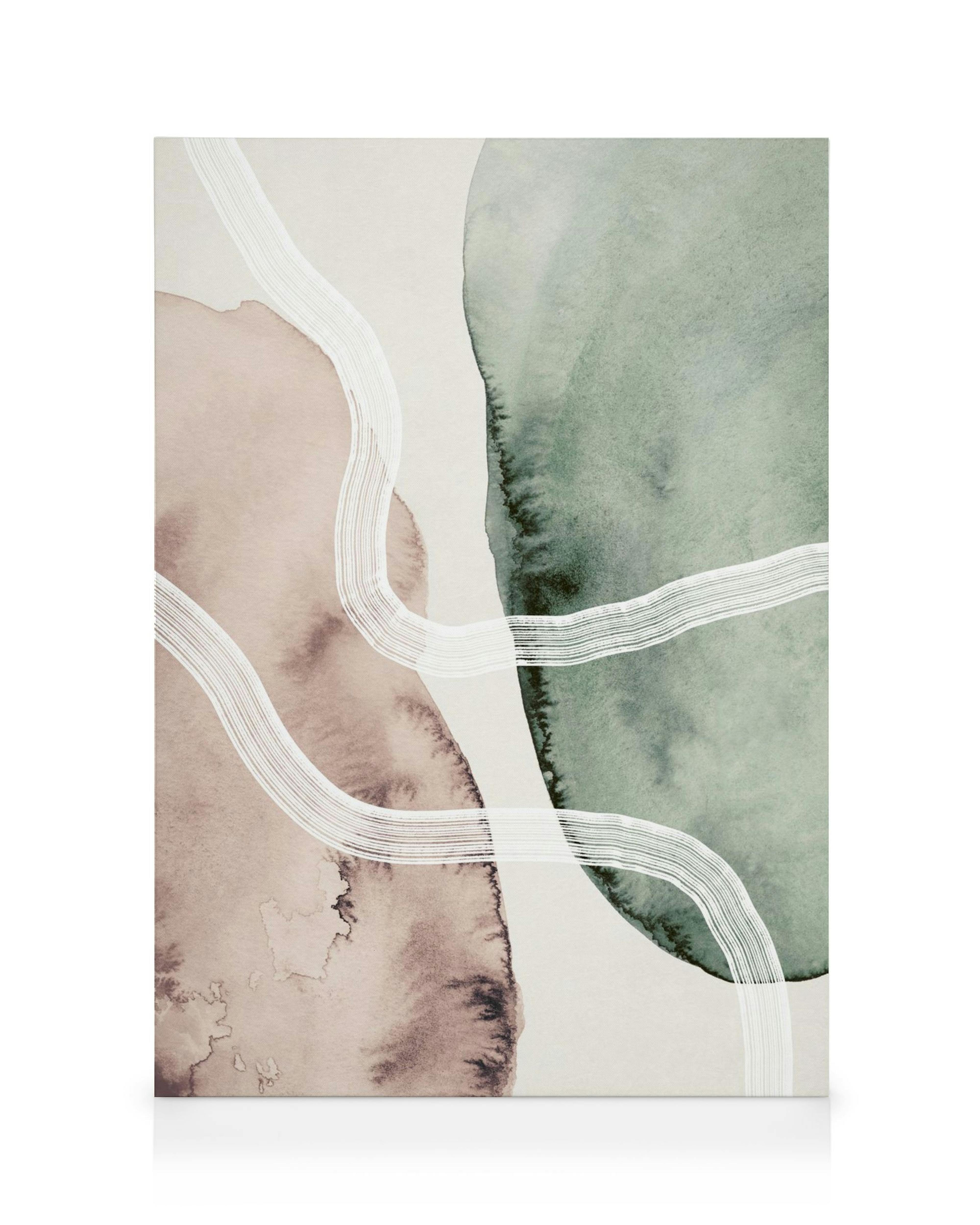 Καμβάς Soft Watercolor No2 με απαλούς τόνους ακουαρέλας, ροζ και πράσινο με λευκές κυματιστές γραμμές.