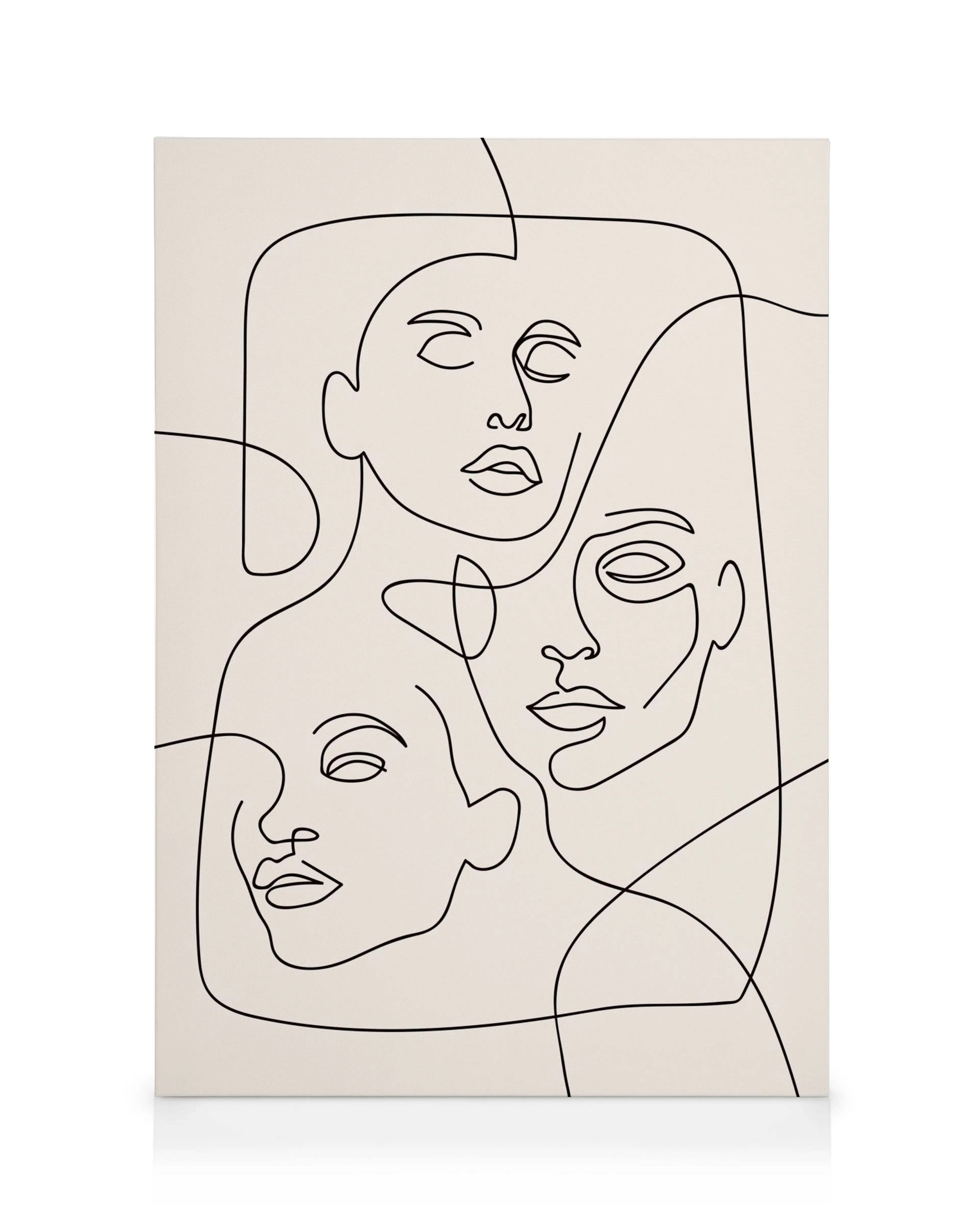 Lærred med tre ansigter i sort line art, neutral baggrund, minimalistisk kunst, ansigtskonturer