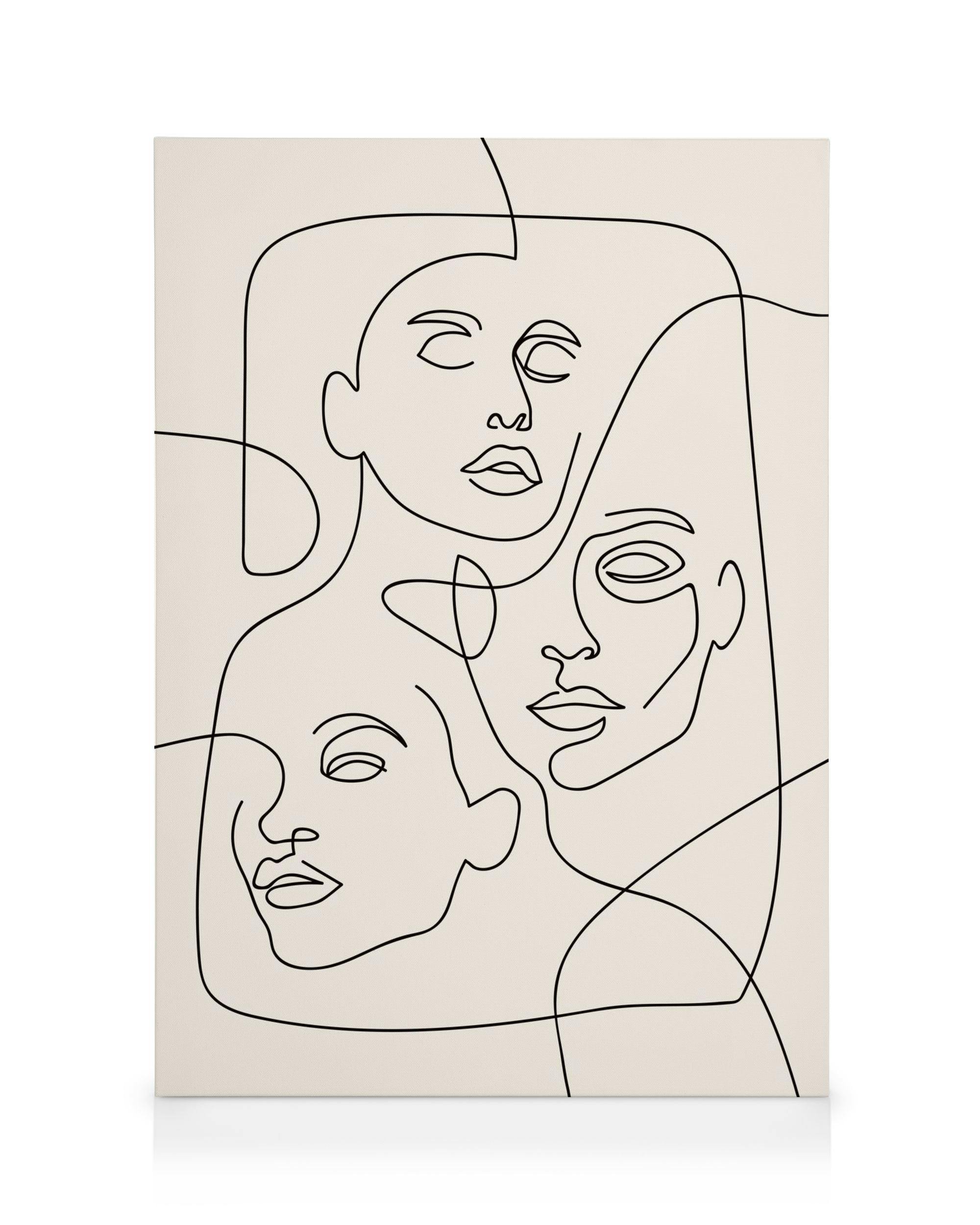 Leinwandbild mit drei Gesichtern in minimalistischer schwarzer Line Art auf beigem Hintergrund, Kunstwerk im Konturstil.