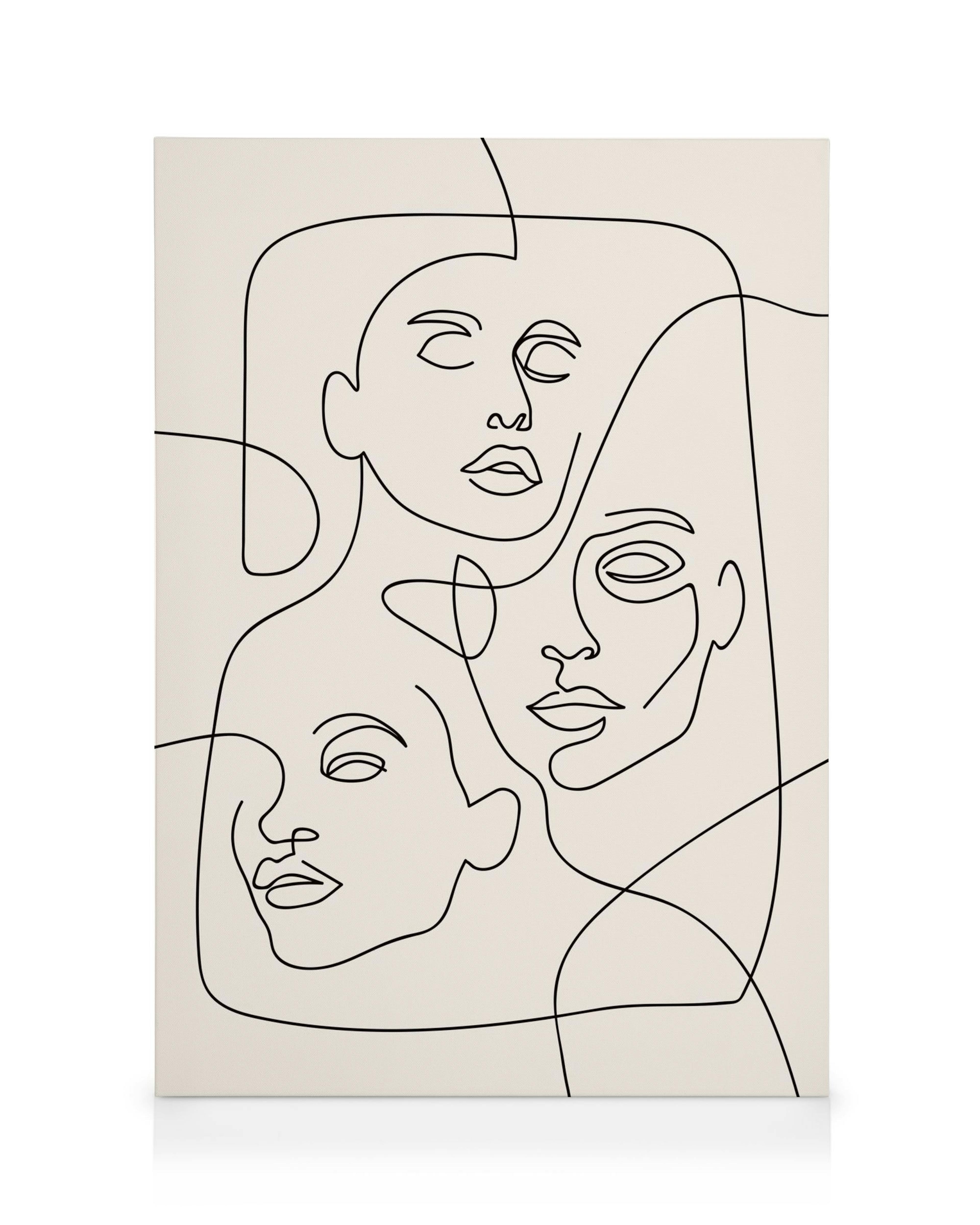 Leinwandbild mit drei Gesichtern in minimalistischer schwarzer Line Art auf beigem Hintergrund, Kunstwerk im Konturstil.