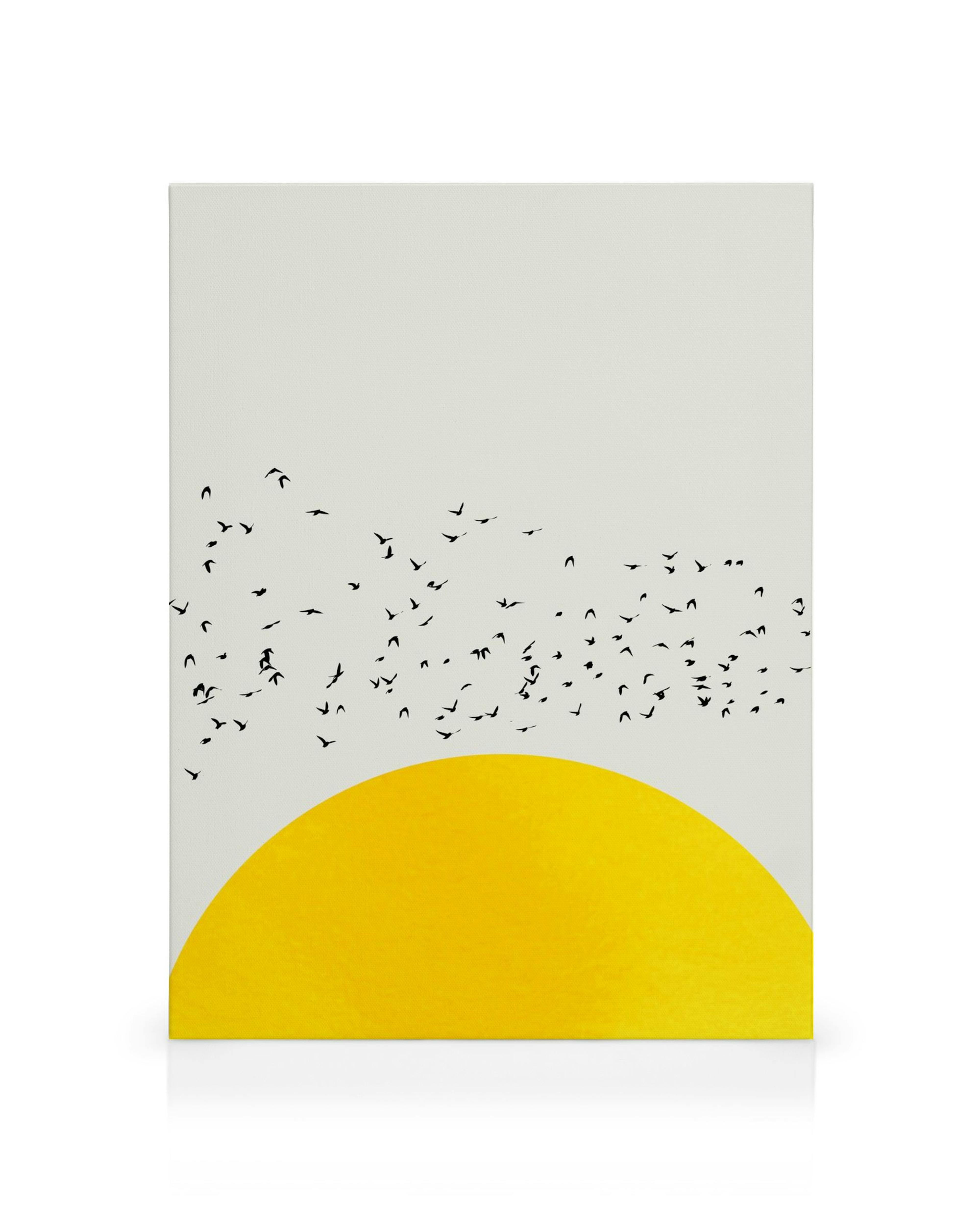 A Thousand Birds canvas print with black birds flying above a yellow sun on a light background.