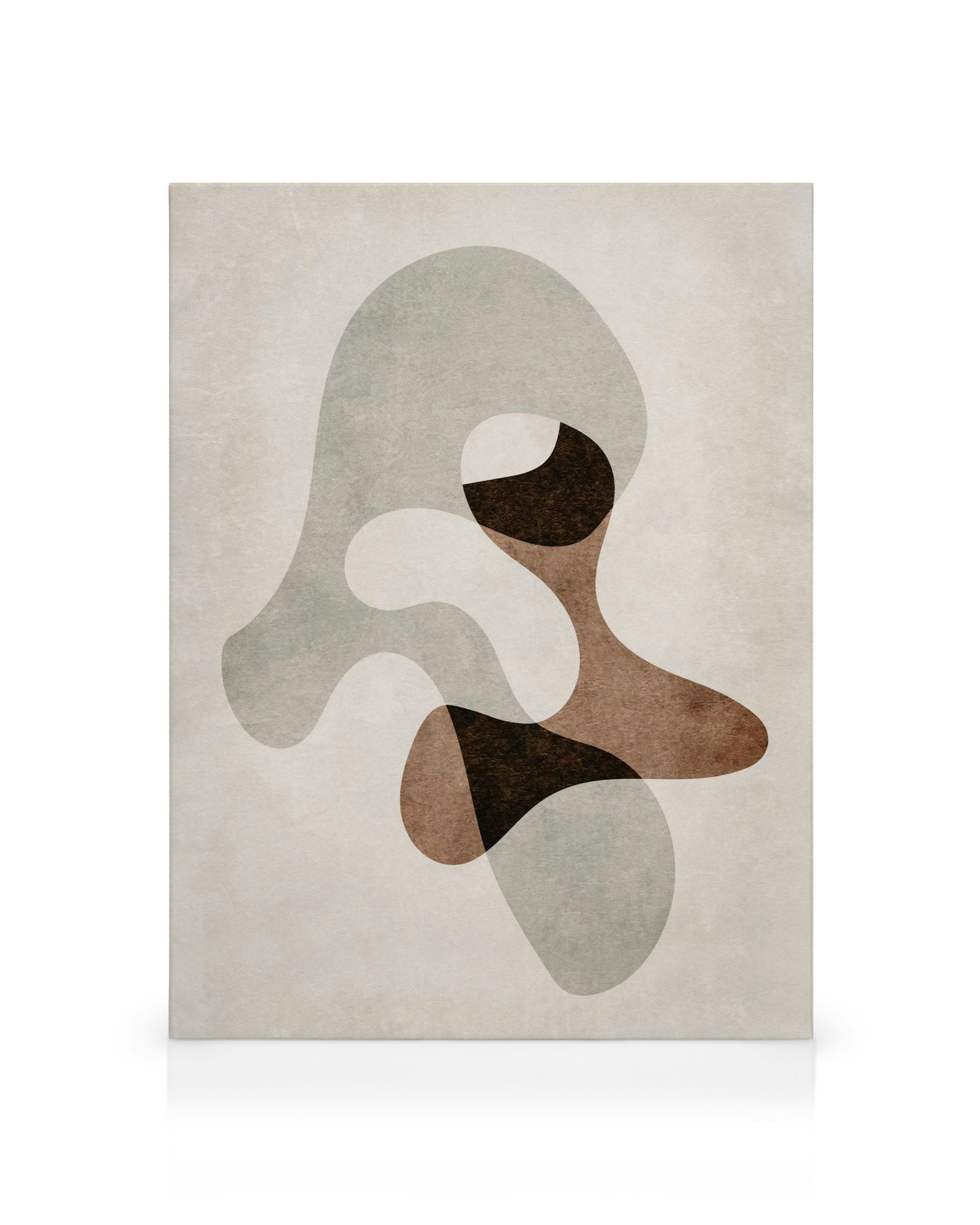 Vivid Shapes No2 kanvaasi, jossa toisiinsa limittyviä orgaanisia muotoja harmaan, ruskean ja mustan sävyissä.