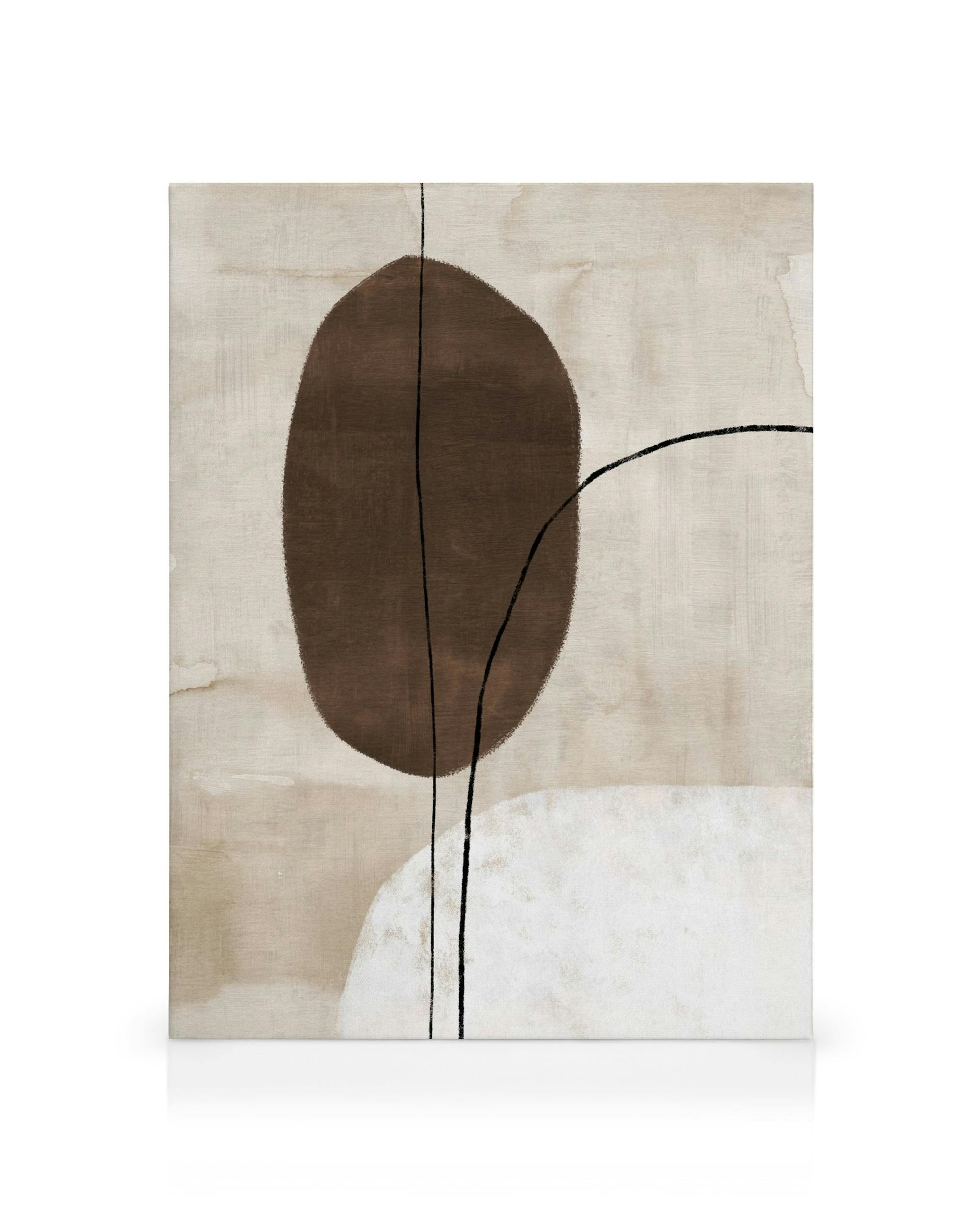 Toile abstraite beige avec ovale foncé, demi-cercle blanc et ligne noire, style moderne, texte décoratif.