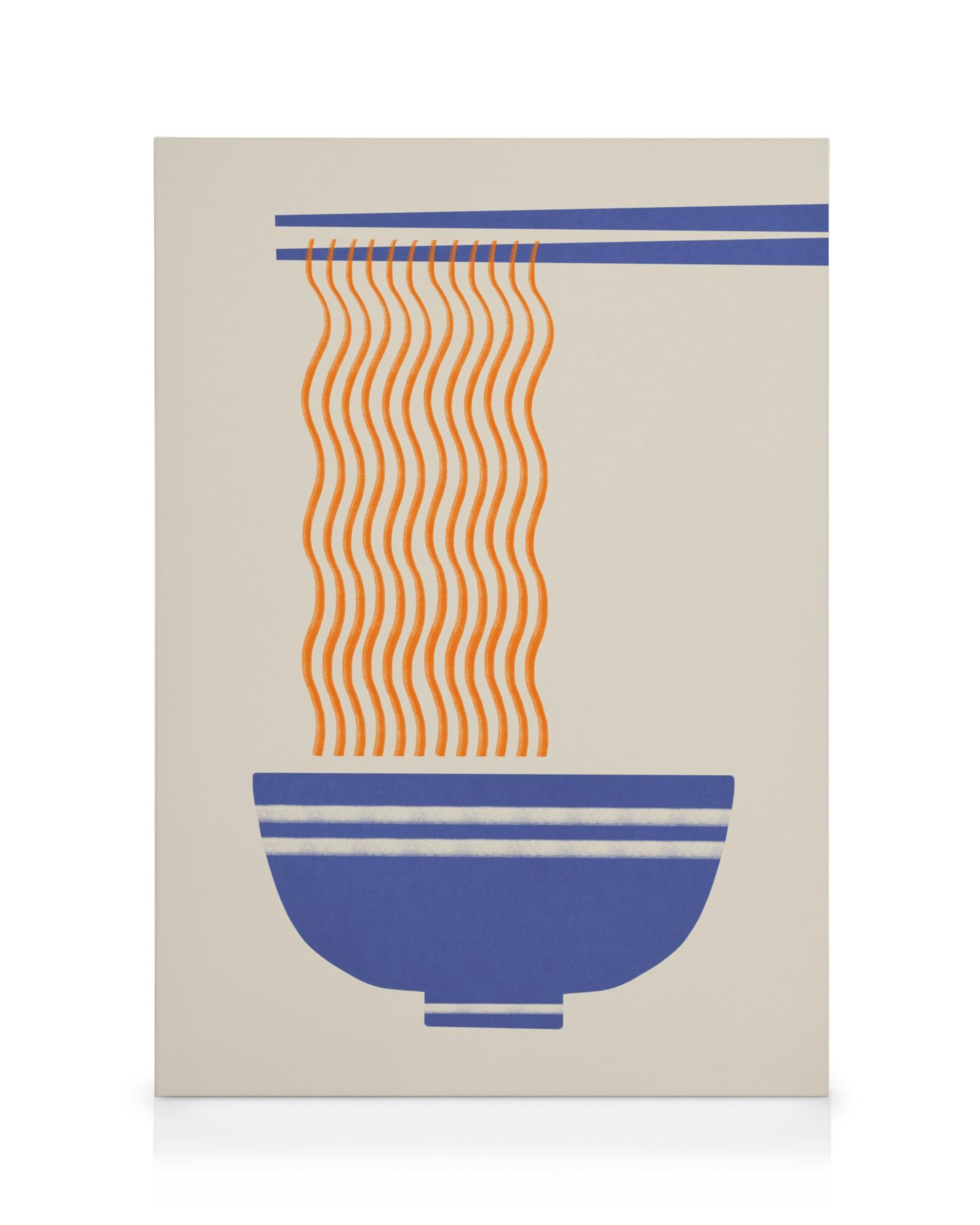 Ramen nudler lærred: Minimalistisk illustration af orange nudler over en blå skål med spisepinde, kunst til køkkenet.