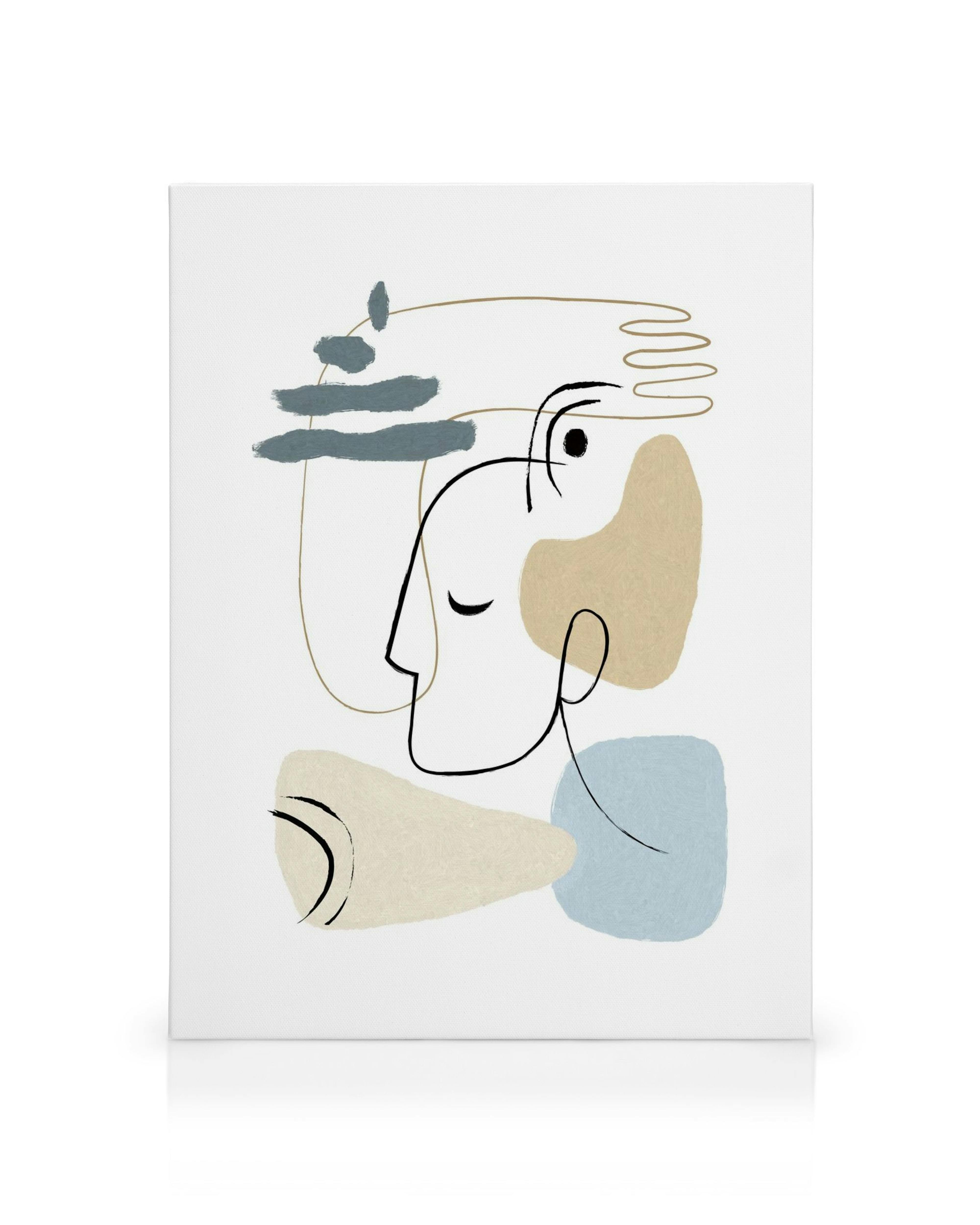 Minimalistische line art canvas: een gezicht met zwarte lijnen, beige en blauwgrijze vormen op een witte achtergrond.