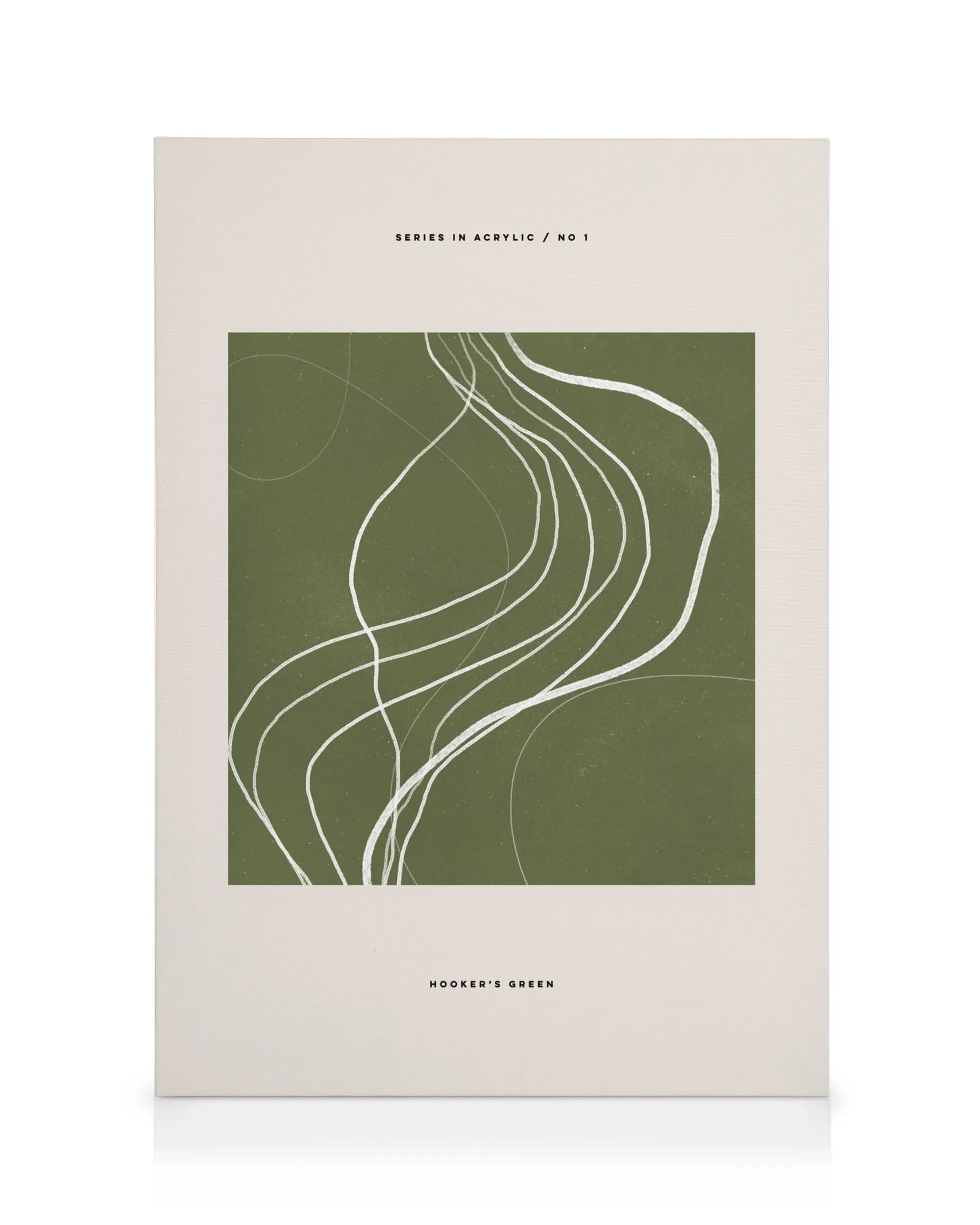 Minimalistyczny obraz na płótnie z zielonym tłem, białymi liniami, czarnym tekstem Series In Acrylic / No 1 i Hookers Green.