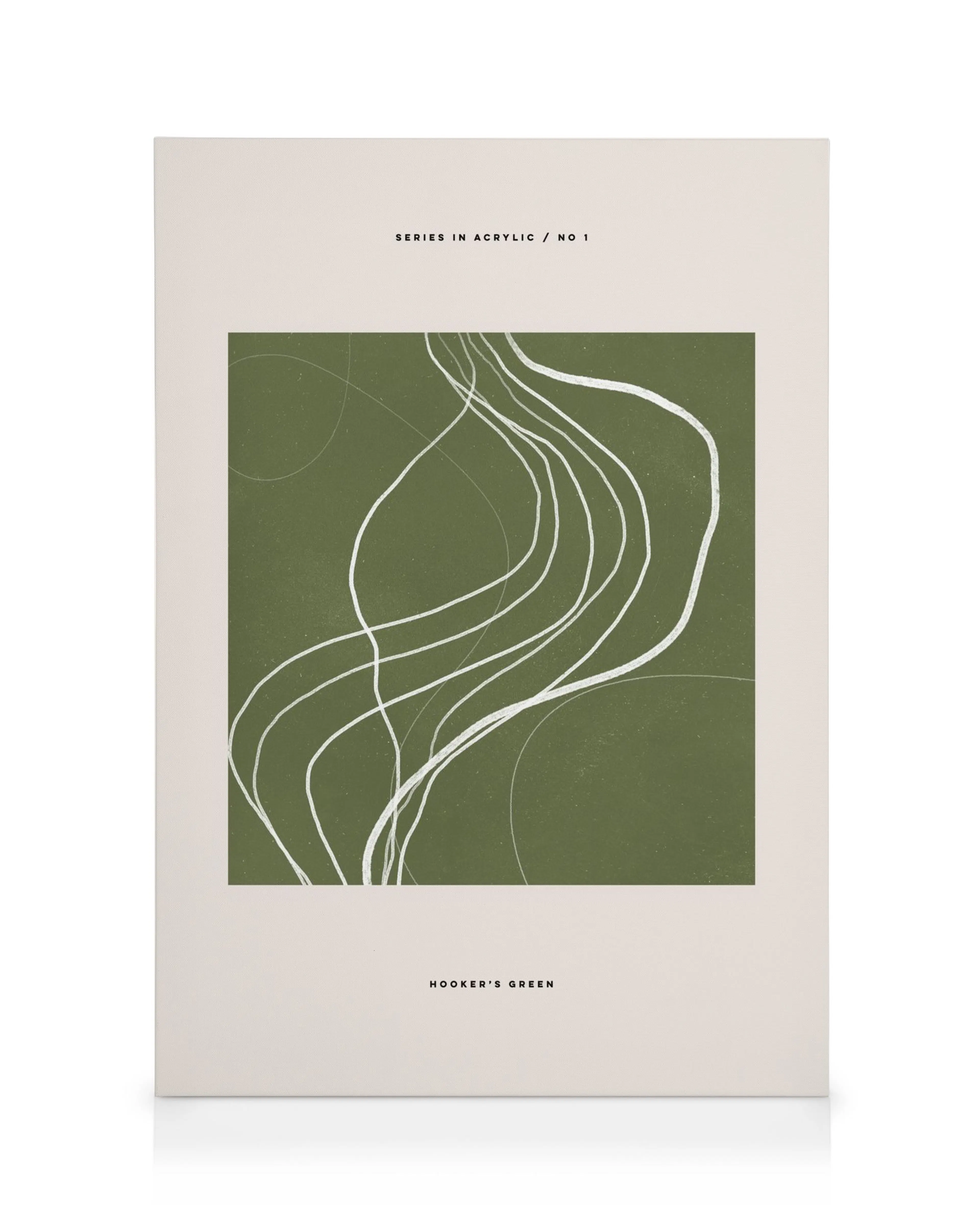 Minimalistyczny obraz na płótnie z zielonym tłem, białymi liniami, czarnym tekstem Series In Acrylic / No 1 i Hookers Green.