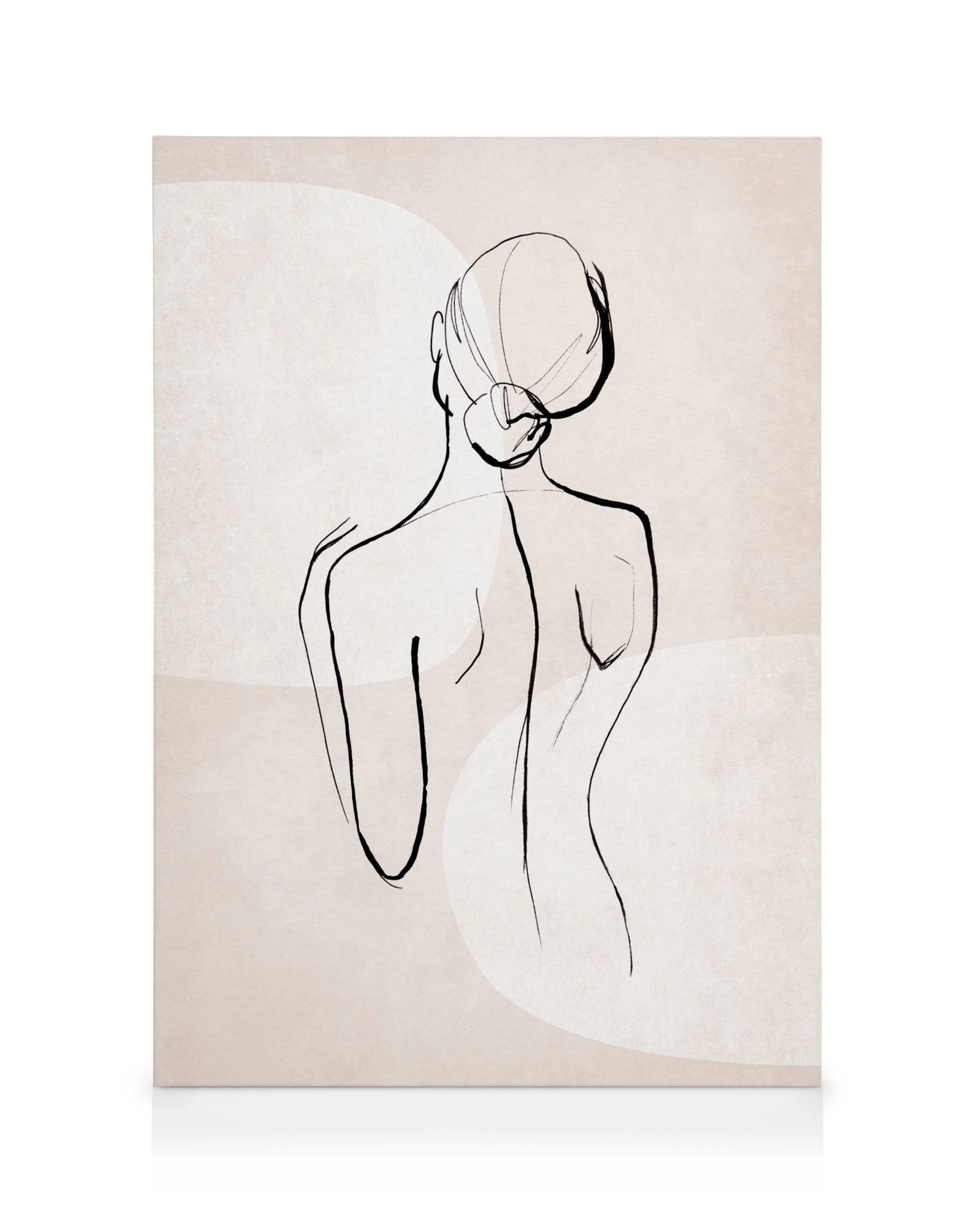 Lienzo minimalista: contorno de espalda femenina en negro sobre fondo beige con formas curvas sutiles, arte de línea